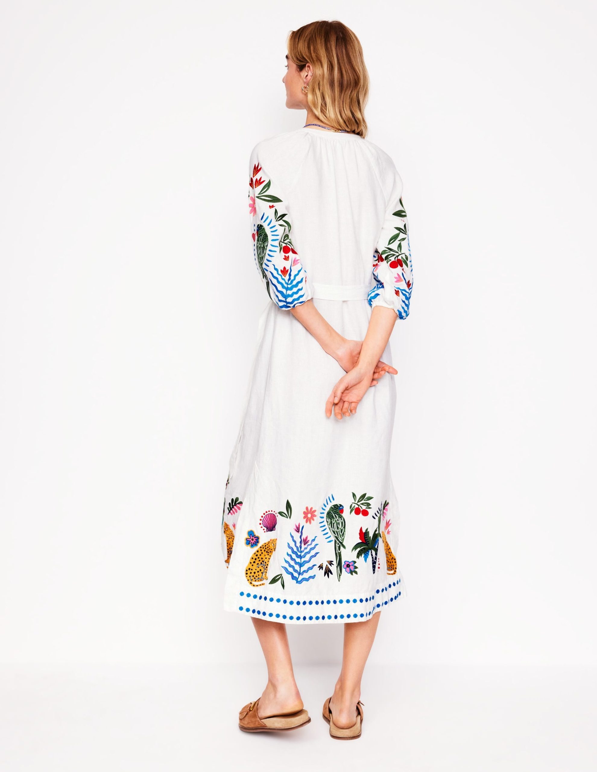 Embroidered Linen Tassel Dress-Ivory - Image 3