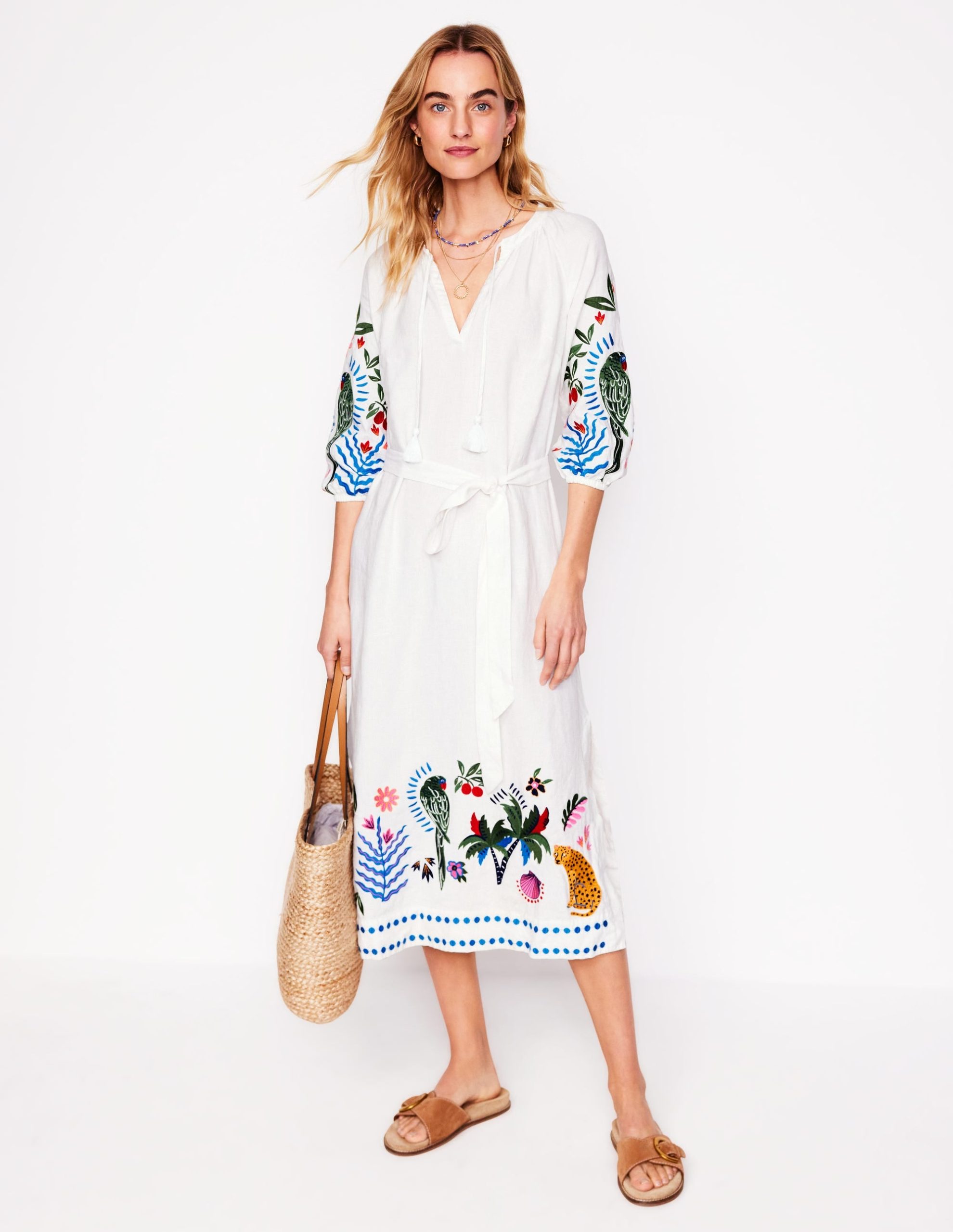 Embroidered Linen Tassel Dress-Ivory - Image 4