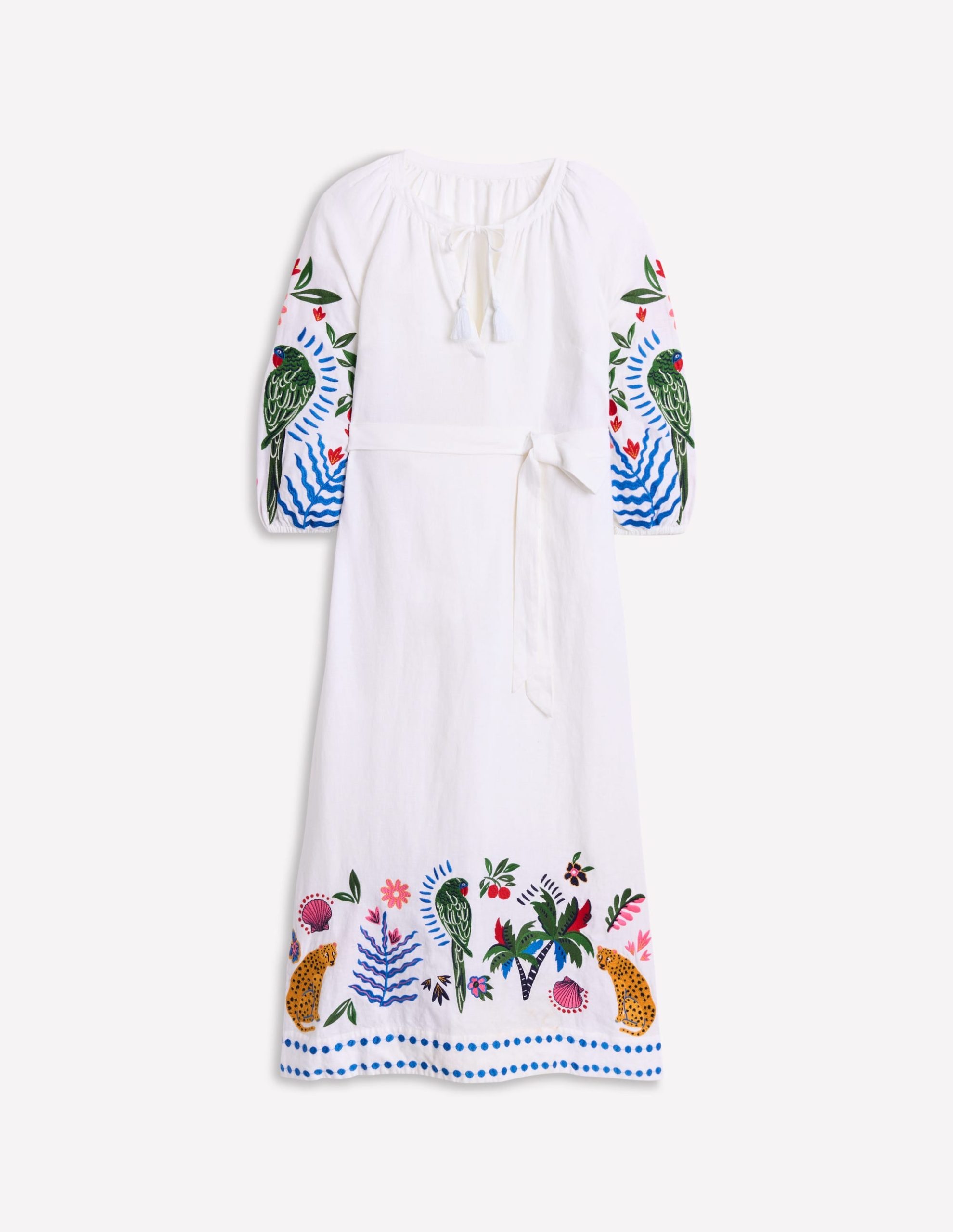 Embroidered Linen Tassel Dress-Ivory - Image 7