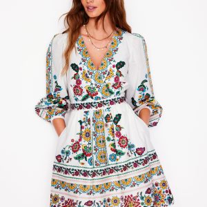 Mya Cotton Short Dress-Ivory. Botanical Sprig