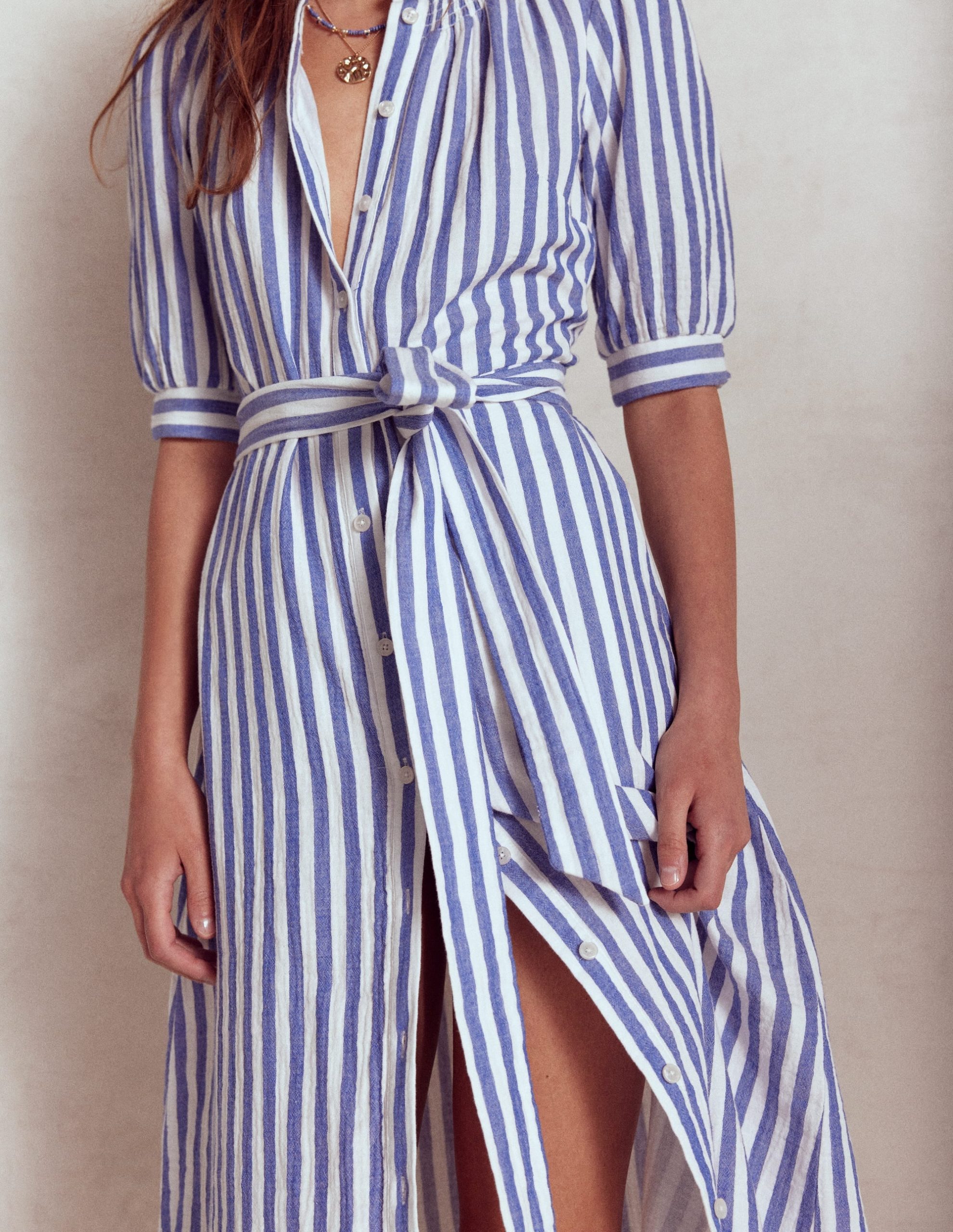 Ada Double Cloth Midi Dress-Bright Blue Stripe - Image 3