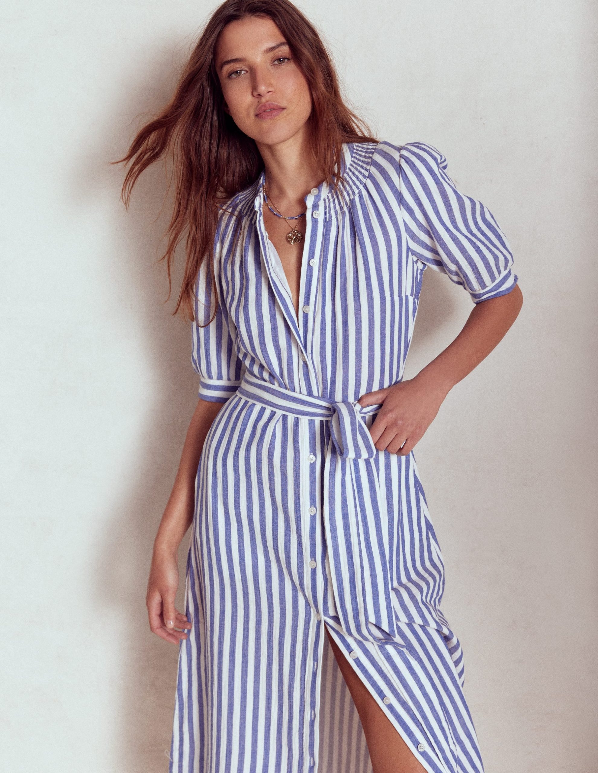 Ada Double Cloth Midi Dress-Bright Blue Stripe - Image 5
