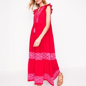 Tie Neck Tier Dress-Poppy Red