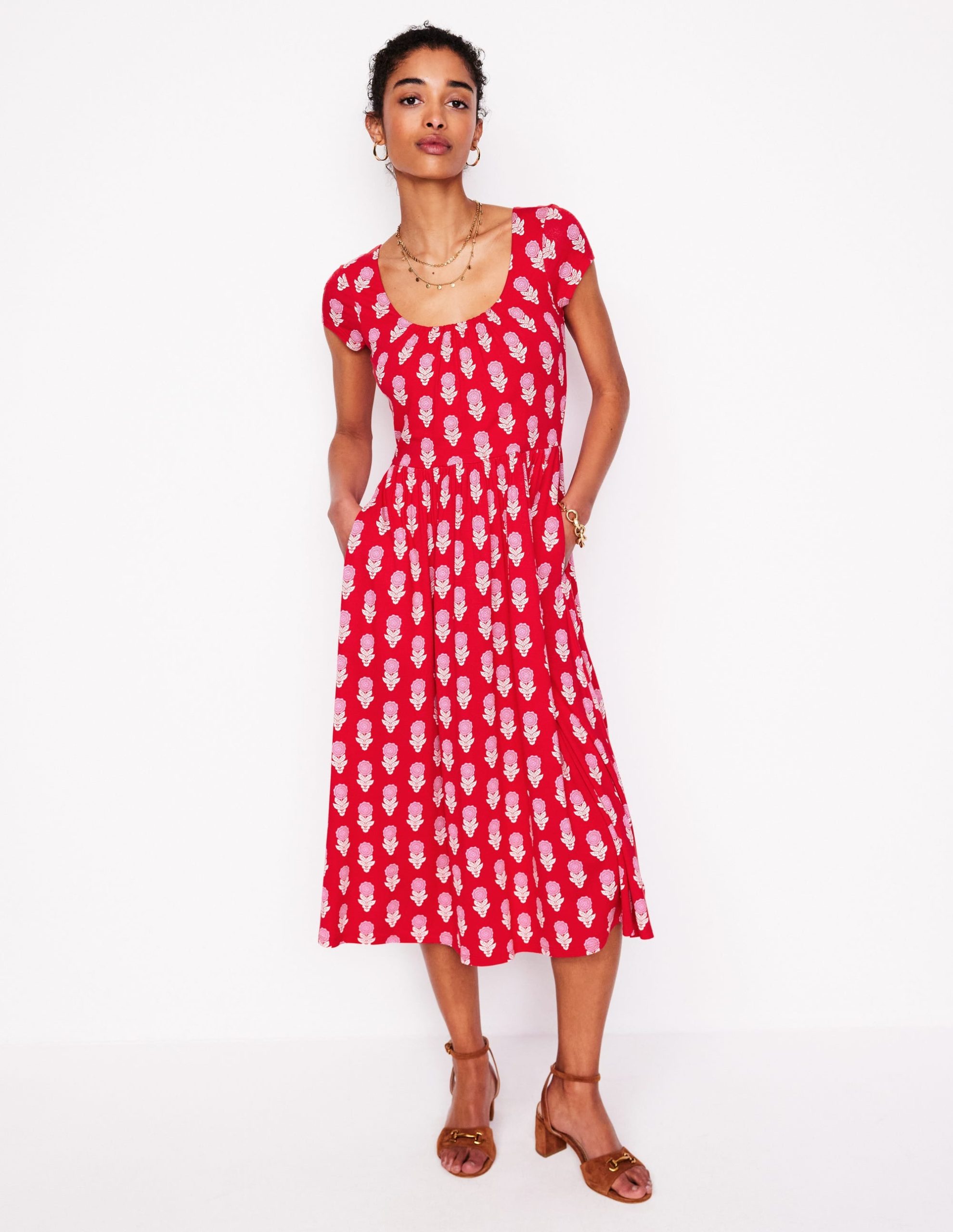 Samantha Scoop Jersey Dress-Poppy Red. Dahlia Sprig