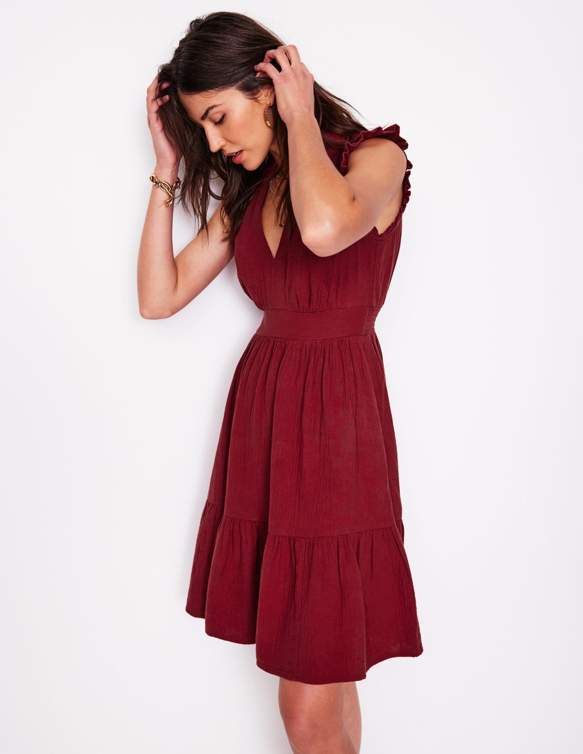 Wren Double Cloth Short Dress-Garnet Red