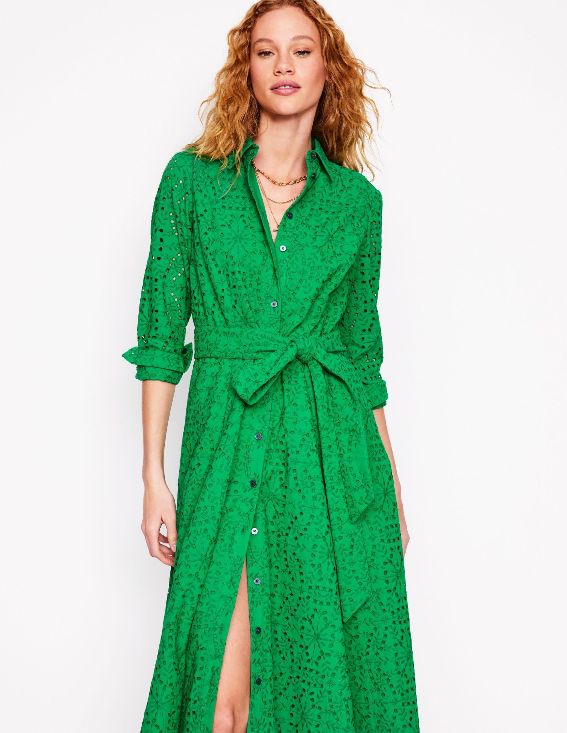 Amy Broderie Midi Shirt Dress-Rich Emerald