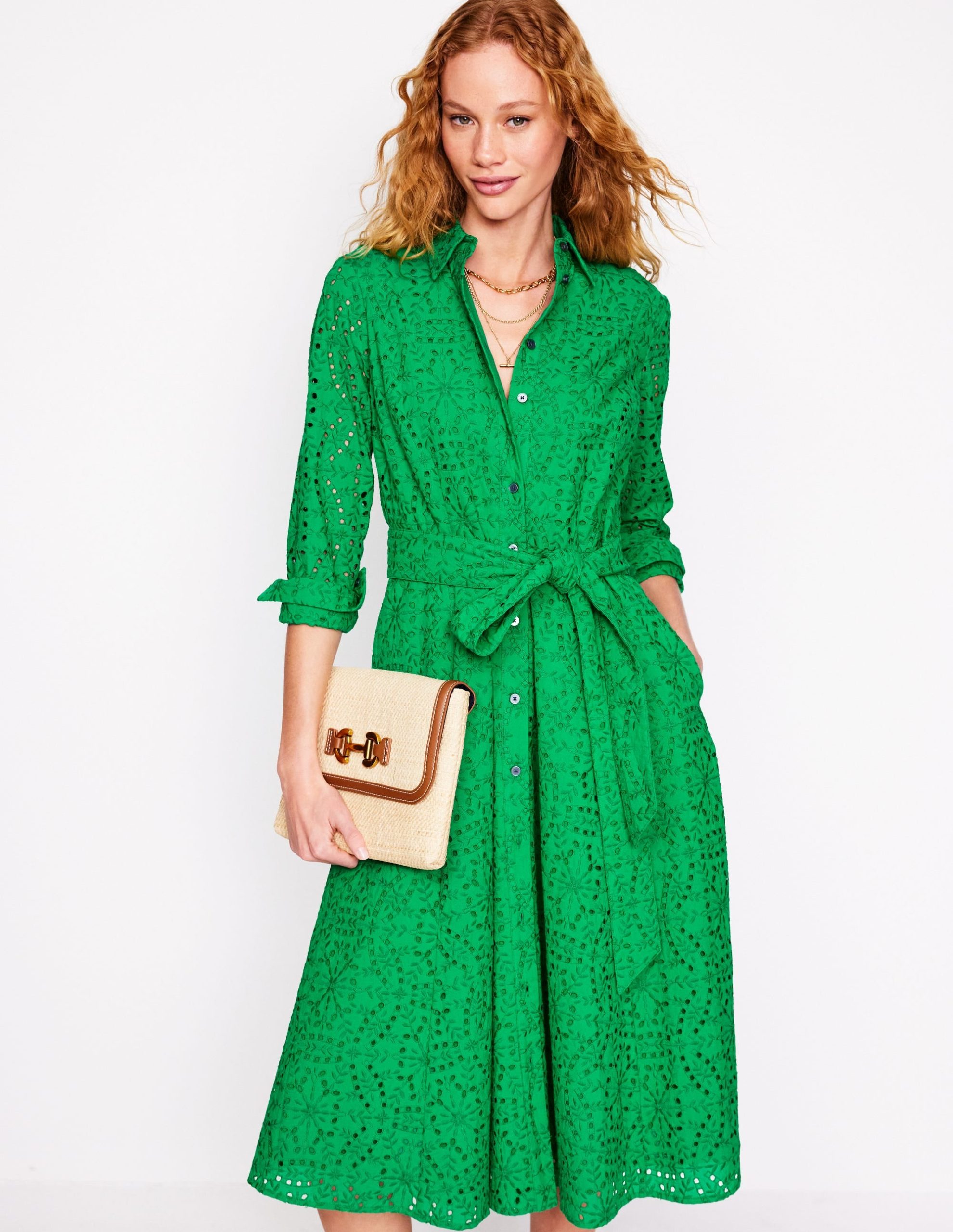 Amy Broderie Midi Shirt Dress-Rich Emerald - Image 4