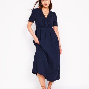 Trim Double Cloth Dress-Navy