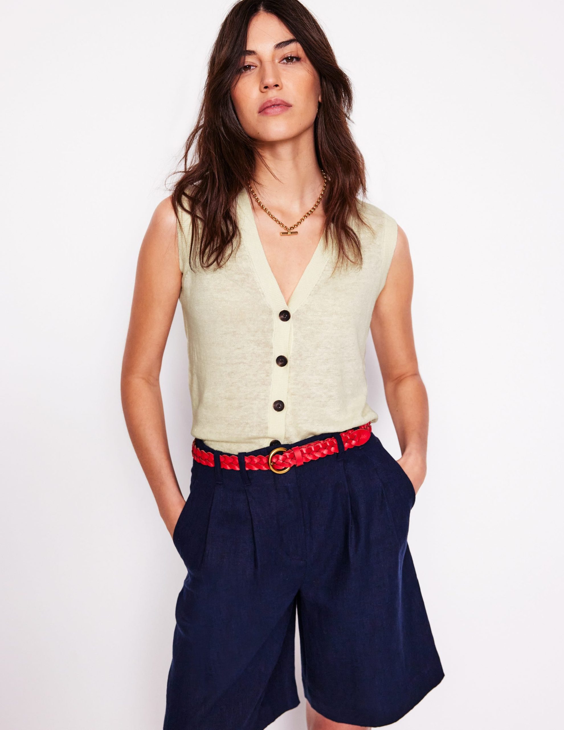 V-Neck Linen Waistcoat-Warm Ivory