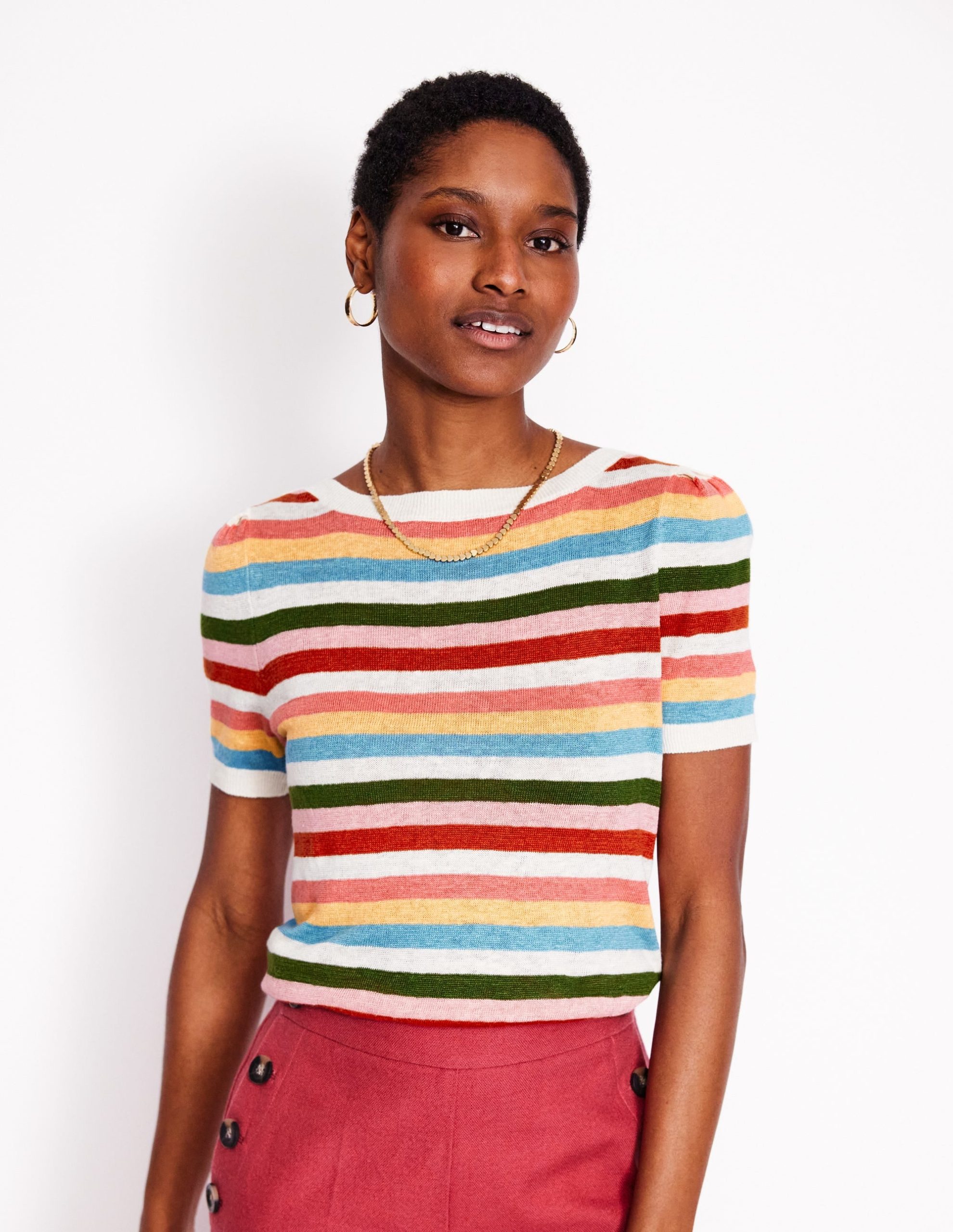 Liv Boat Neck Linen T-Shirt-Soft Multistripe Small - Image 4