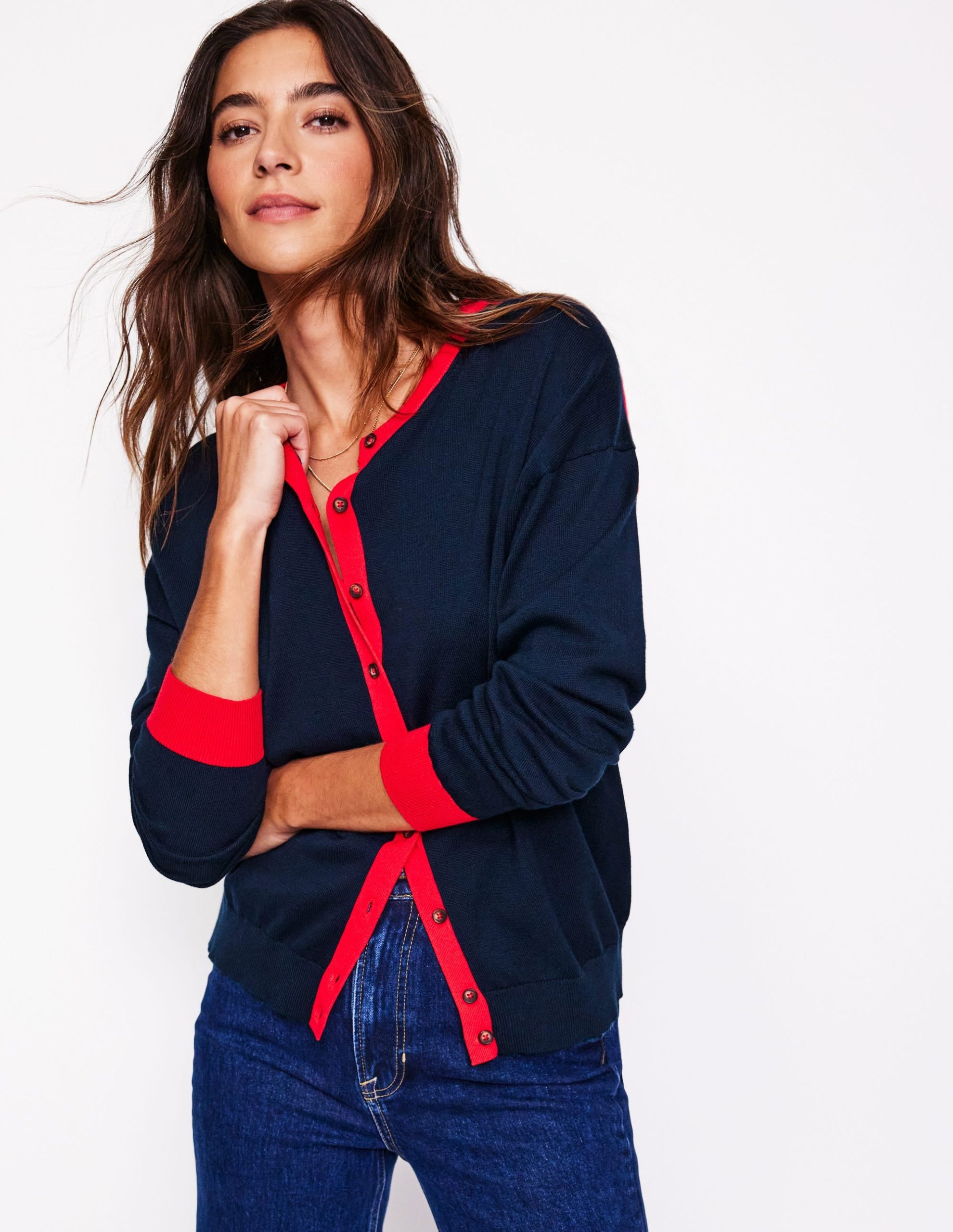 Lara Relaxed Cotton Cardigan-Navy. Poppy Red