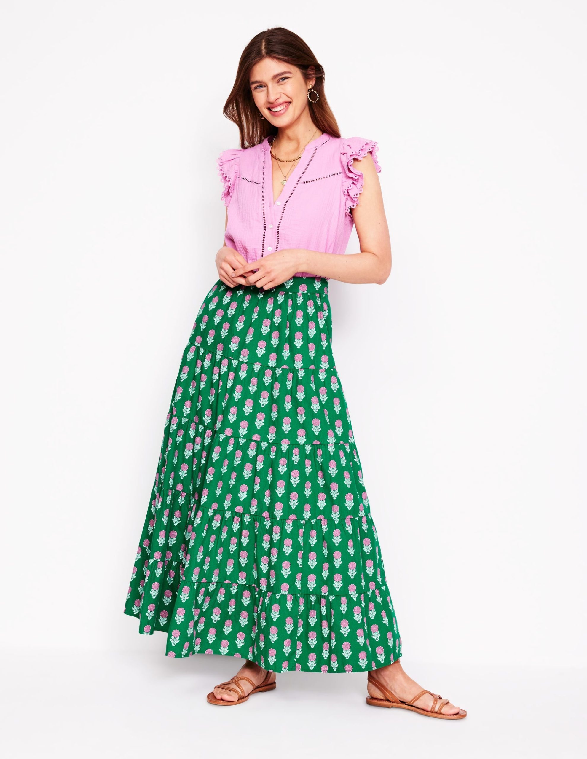 Nadia Poplin Maxi Skirt-Green Stamp. Dahlia Sprig