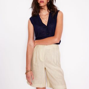 Pleat Linen Wide Leg Shorts-Ivory