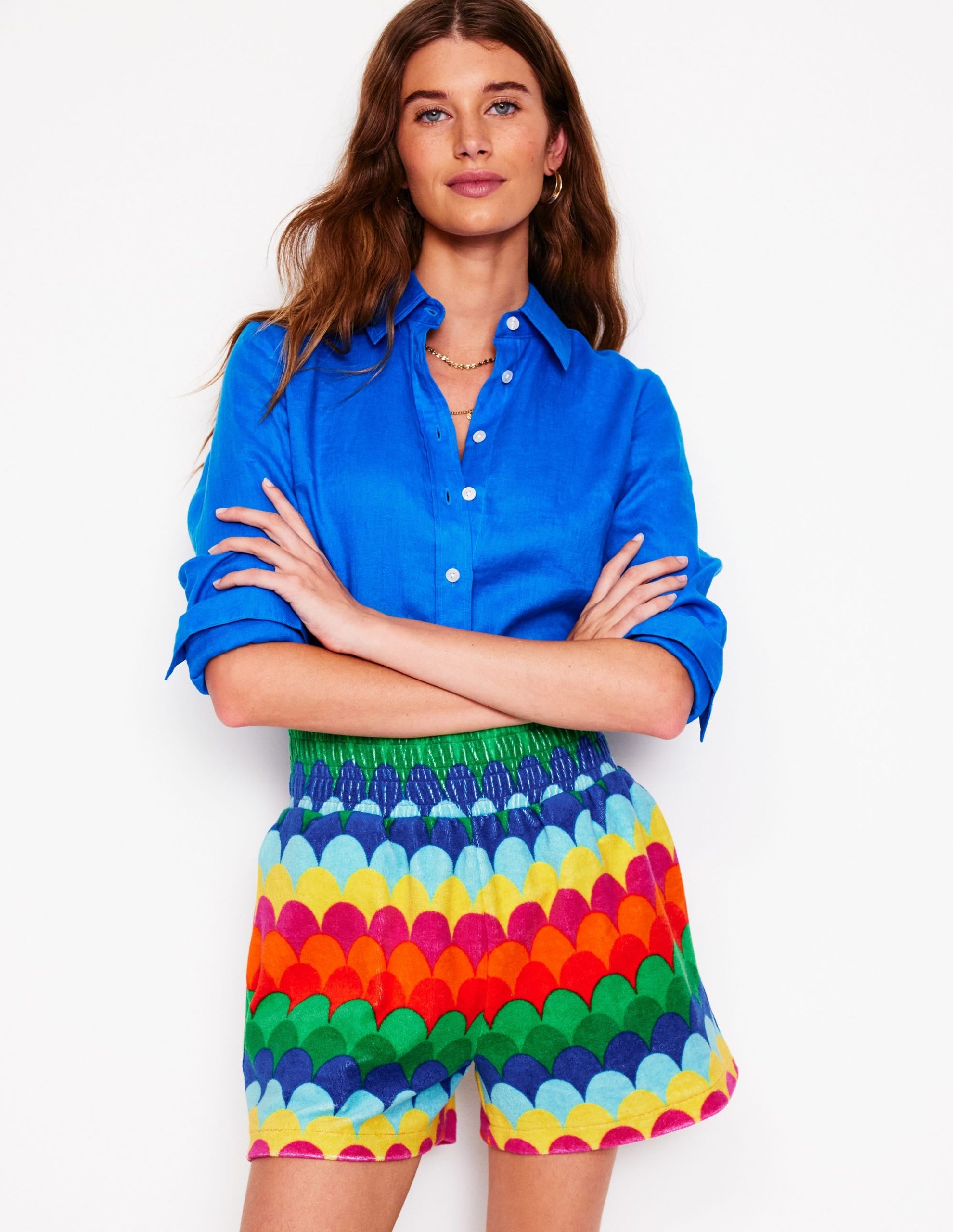 Smocked Towelling Short-Multi. Scallop Stripe