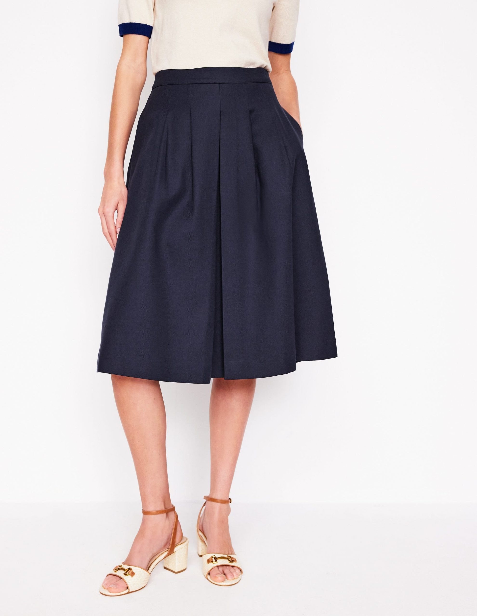 Pleat Detail Midi Skirt-Navy - Image 4