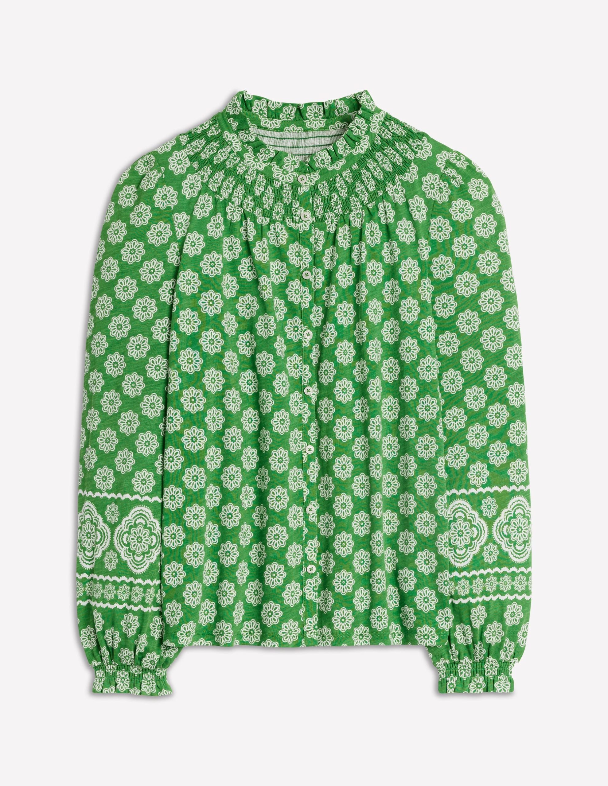 Fay Smocked Jersey Shirt-Paradise Green. Botanic Blush - Image 5