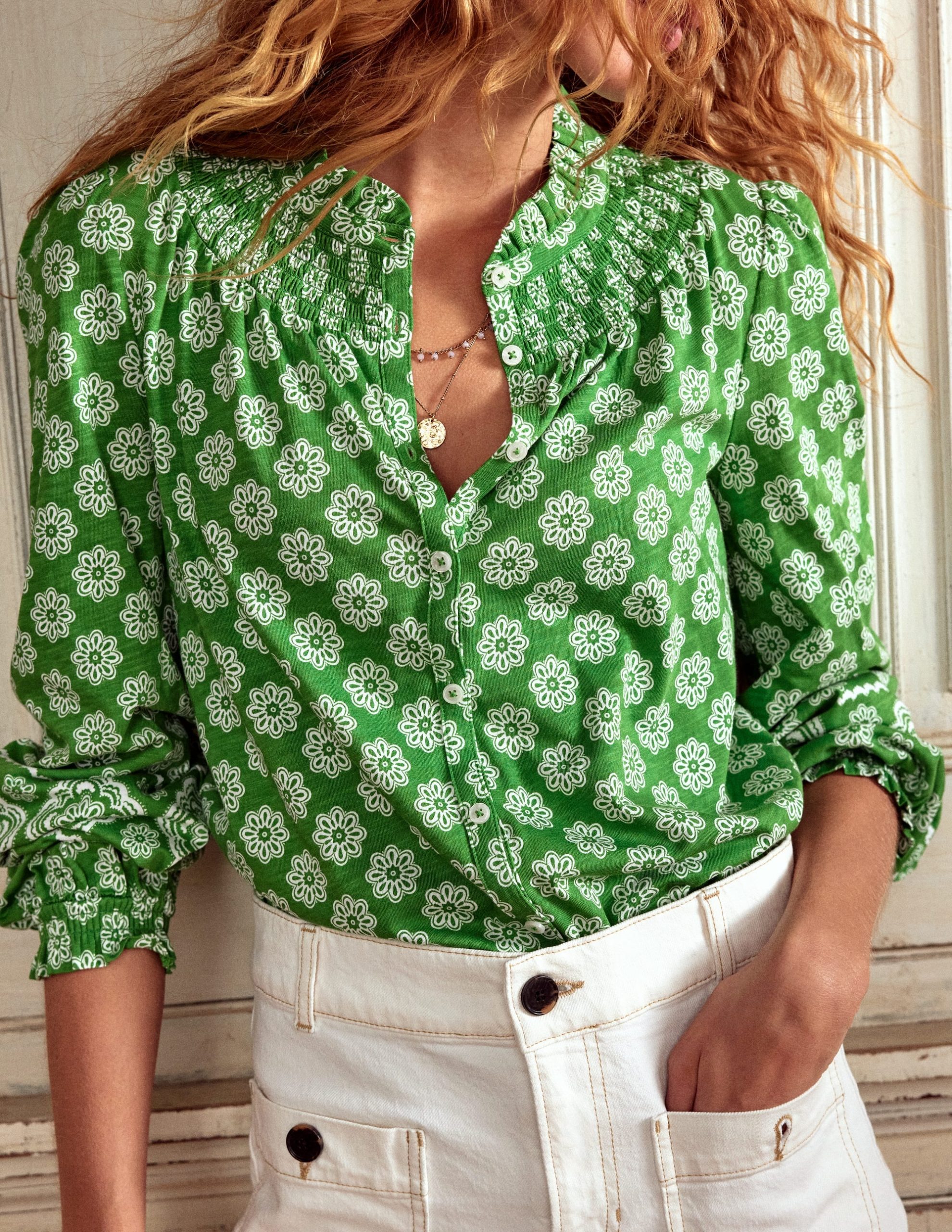 Fay Smocked Jersey Shirt-Paradise Green. Botanic Blush - Image 2