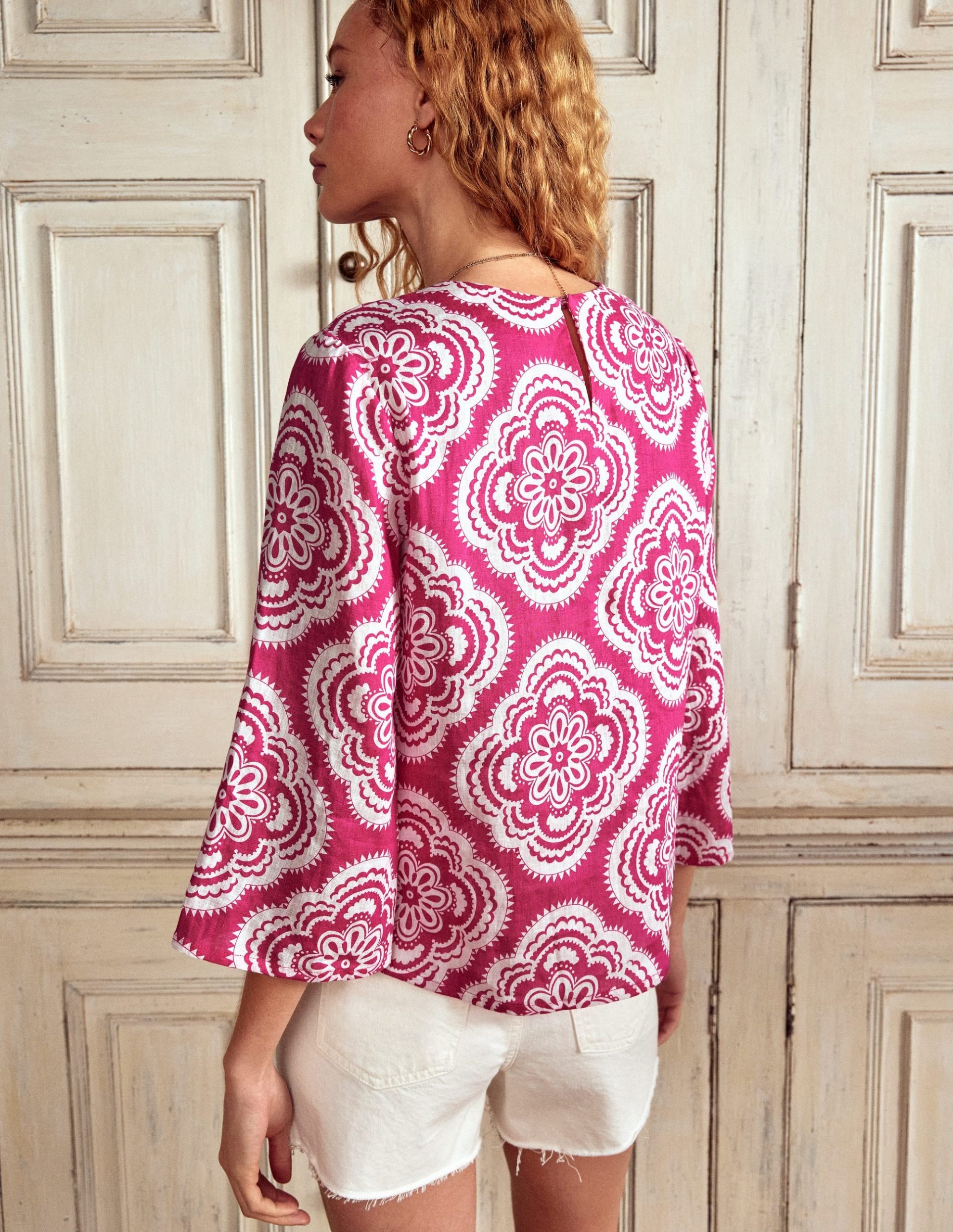 Fluted Sleeve Linen Top-Pink Peony. Botanic Blush - Image 3