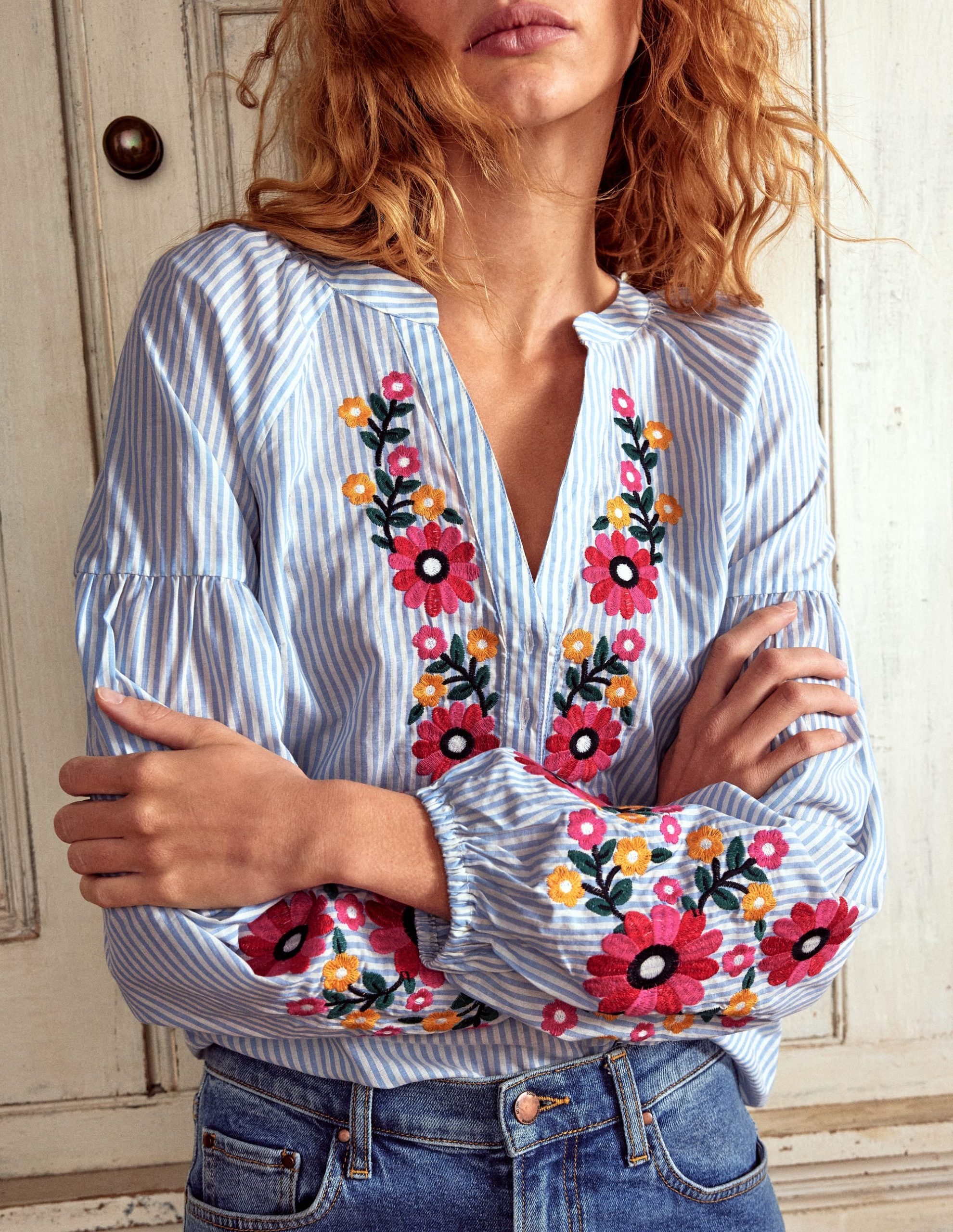 Raglan Embroidered Cotton Top-Ivory. Navy Stripe - Image 2