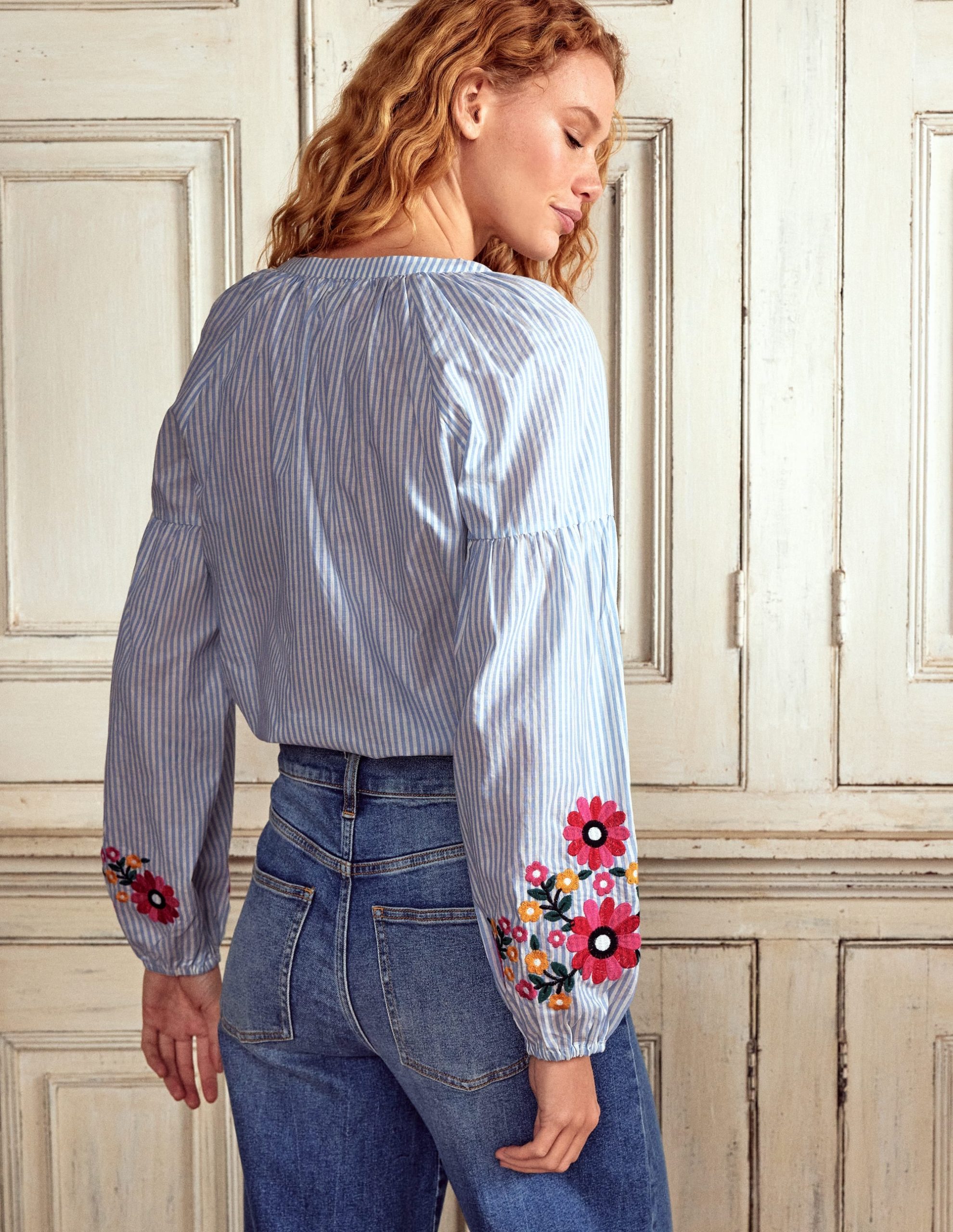 Raglan Embroidered Cotton Top-Ivory. Navy Stripe - Image 3