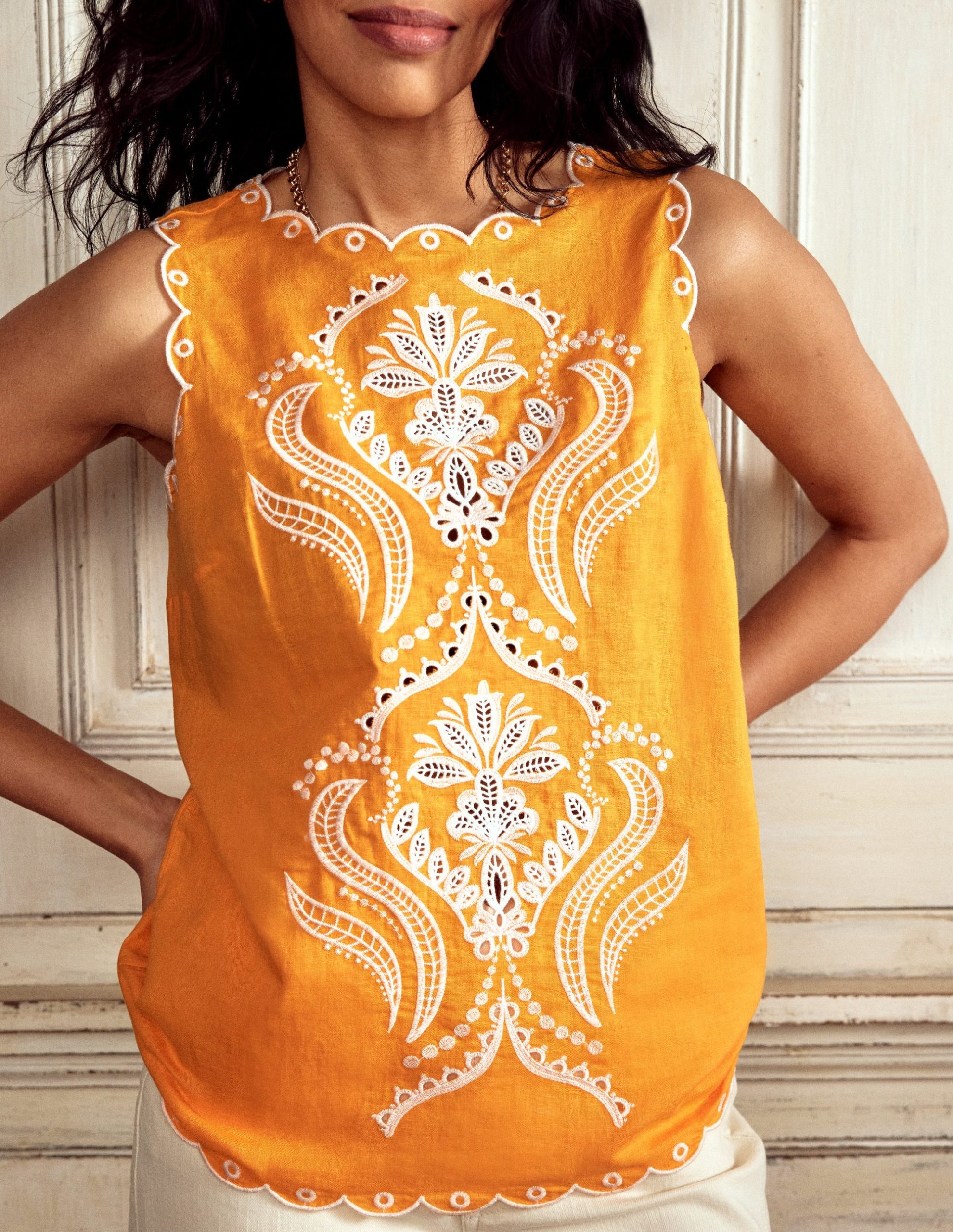 Embroidered Linen Blend Top-Summers Sun Yellow - Image 2