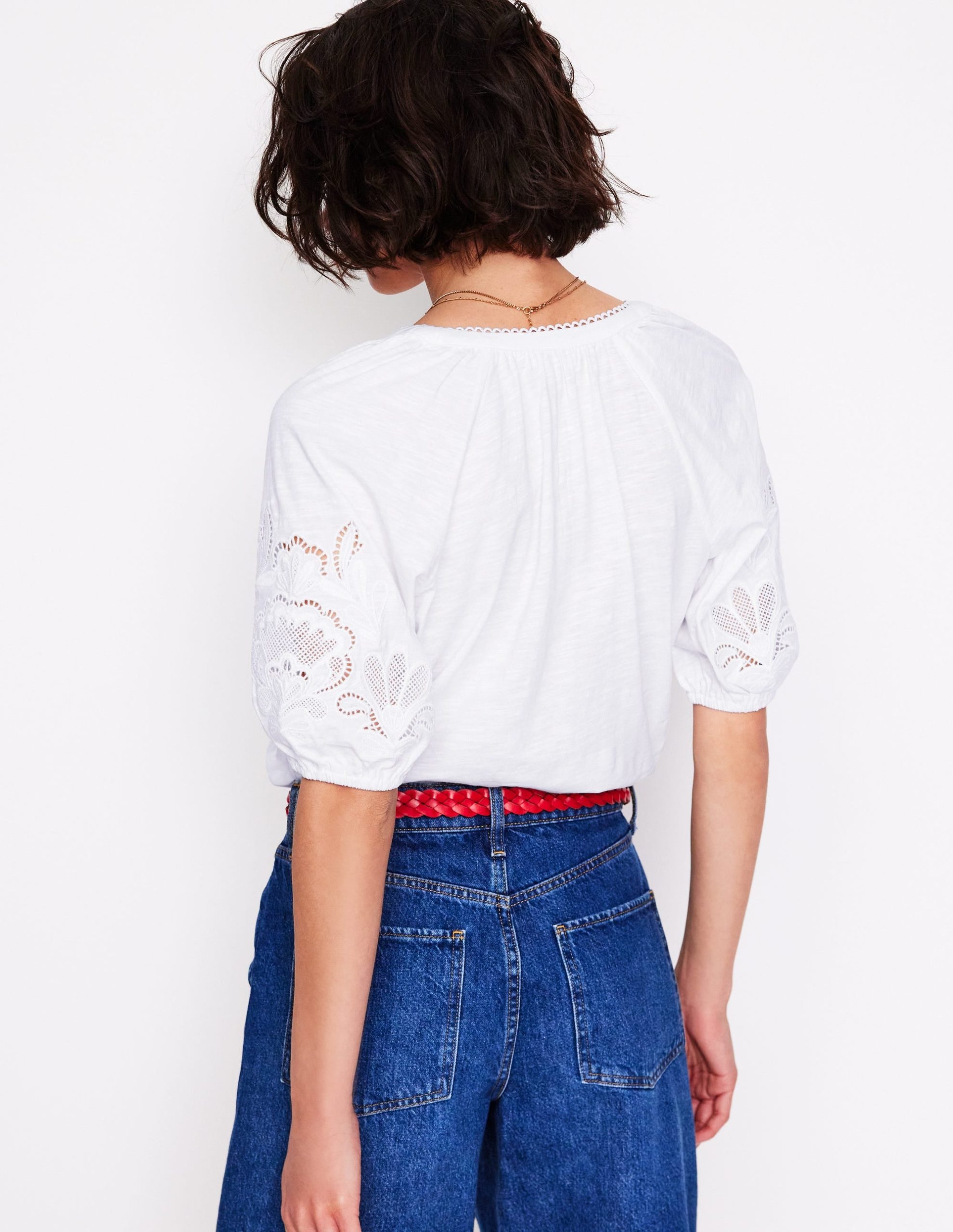 Cutwork Notch Neck Top-White - Image 5