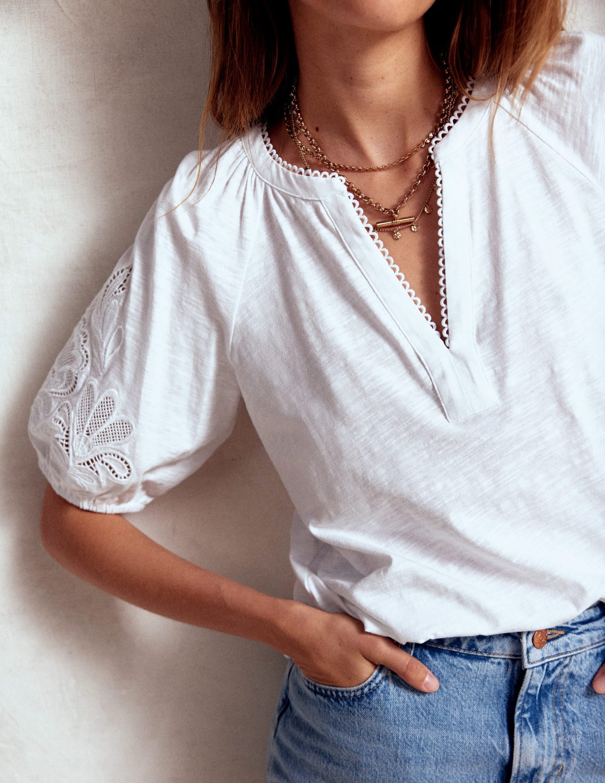 Cutwork Notch Neck Top-White - Image 3