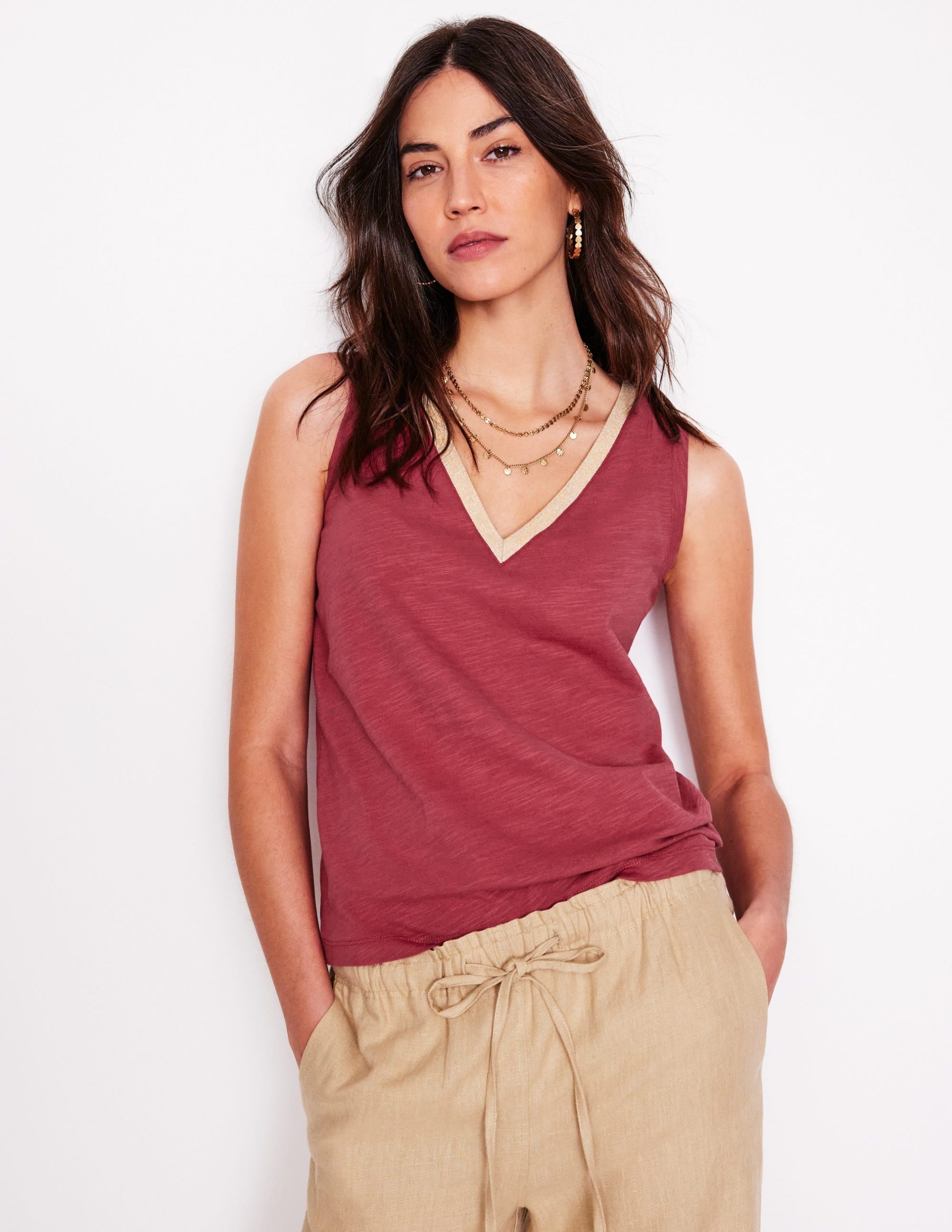 Metallic Trim V Neck Vest-Terracotta Red - Image 4