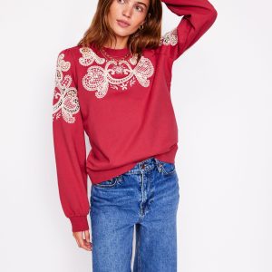 Puff Sleeve Cutwork Sweatshirt-Teracotta