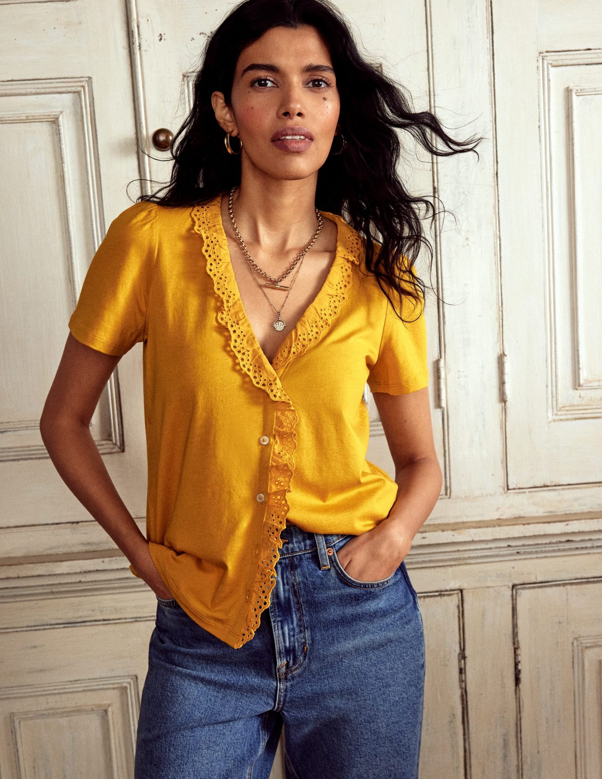 Broderie V-Neck Top-Golden Rye - Image 4