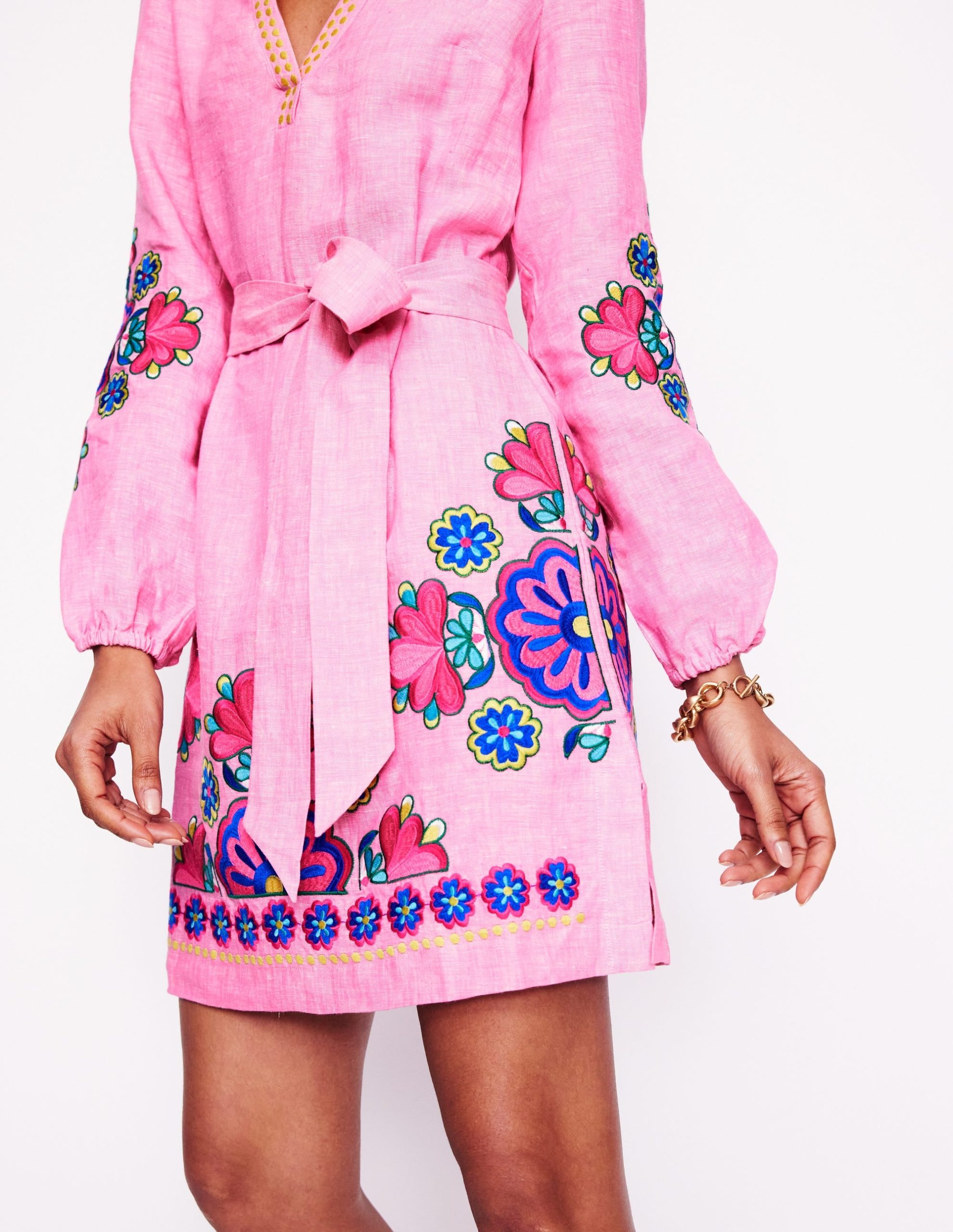 Cleo Linen Tie Waist Dress-Pink Chambray Embroidery - Image 3