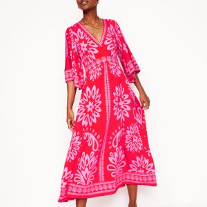 Maya Kimono Jersey Maxi Dress-Strawberry Red. Palm Foliage