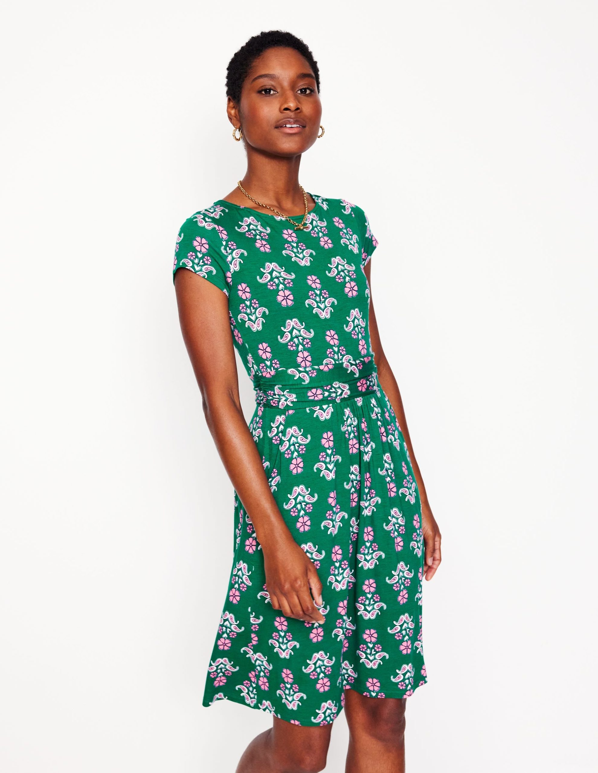 Amelie Jersey Dress-Forest Grass. Pansy Stamp