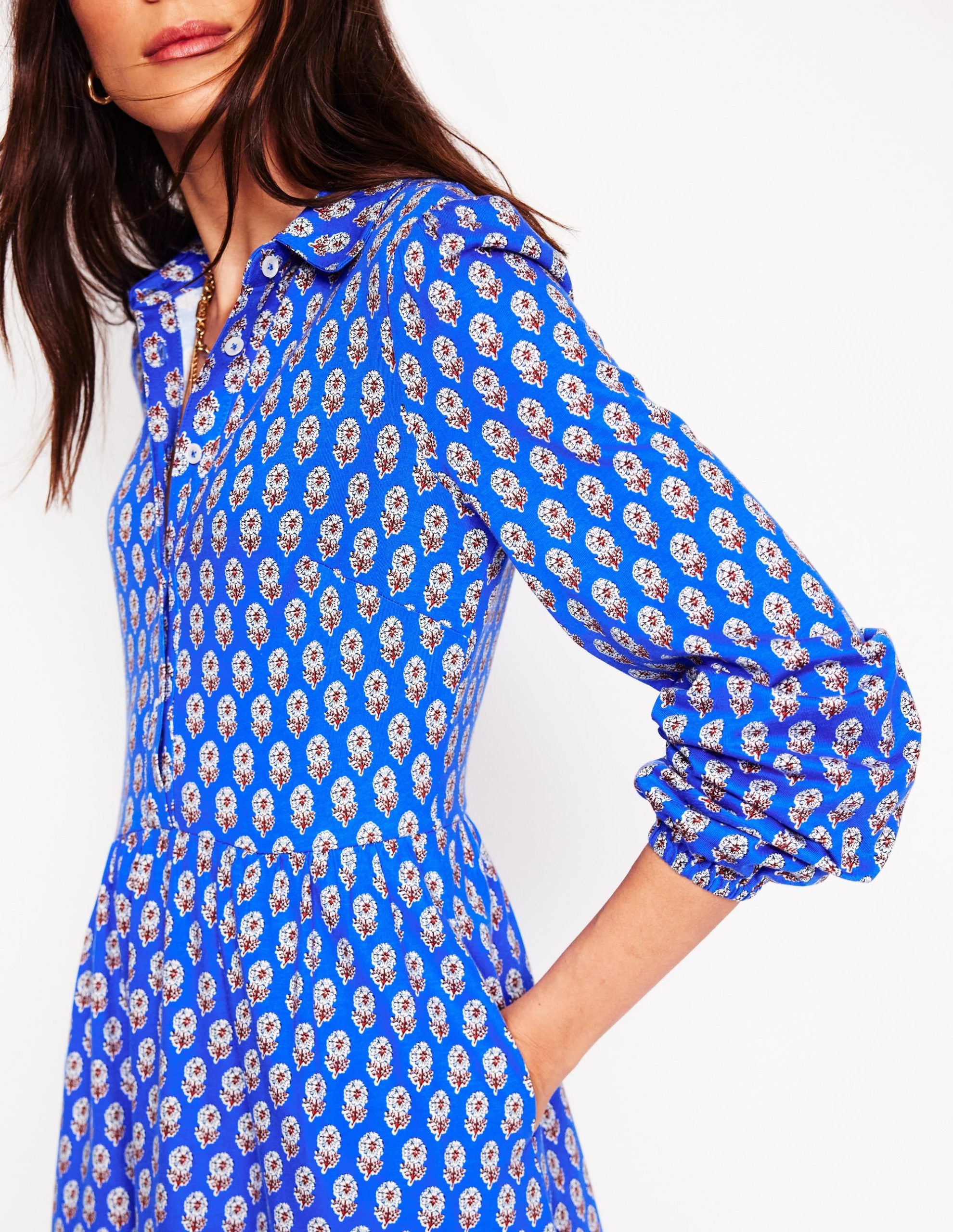 Jemima Tiered Jersey Dress-Gallery Blue. Camellia Stamp - Image 2