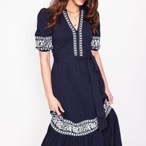 Amara Embroidered Jersey Dress-Navy Embroidery