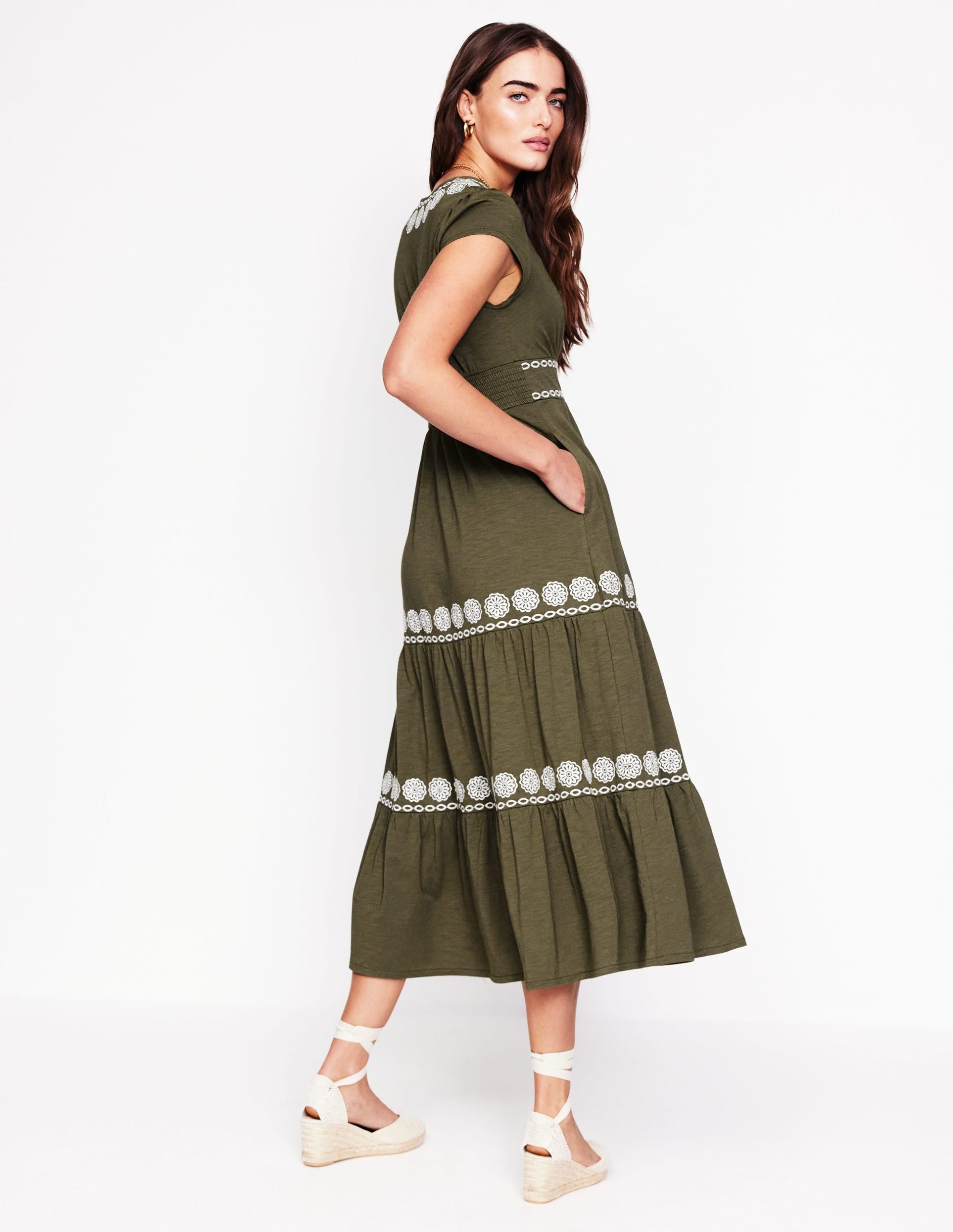 Eloise Embroidered Midi Dress-Classic Khaki - Image 3