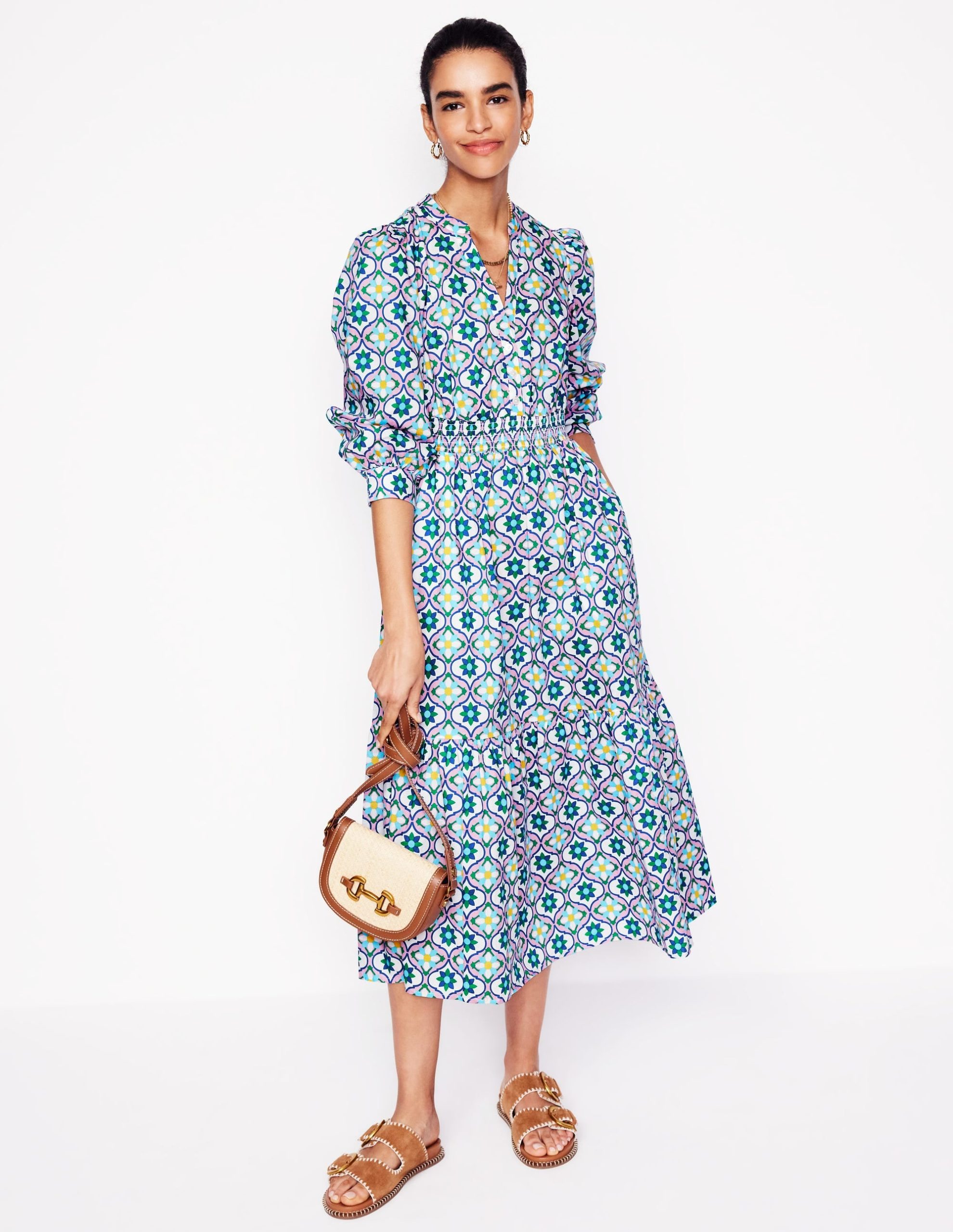Elena Tiered Cotton Midi Dress-Multi. Floweret Tile