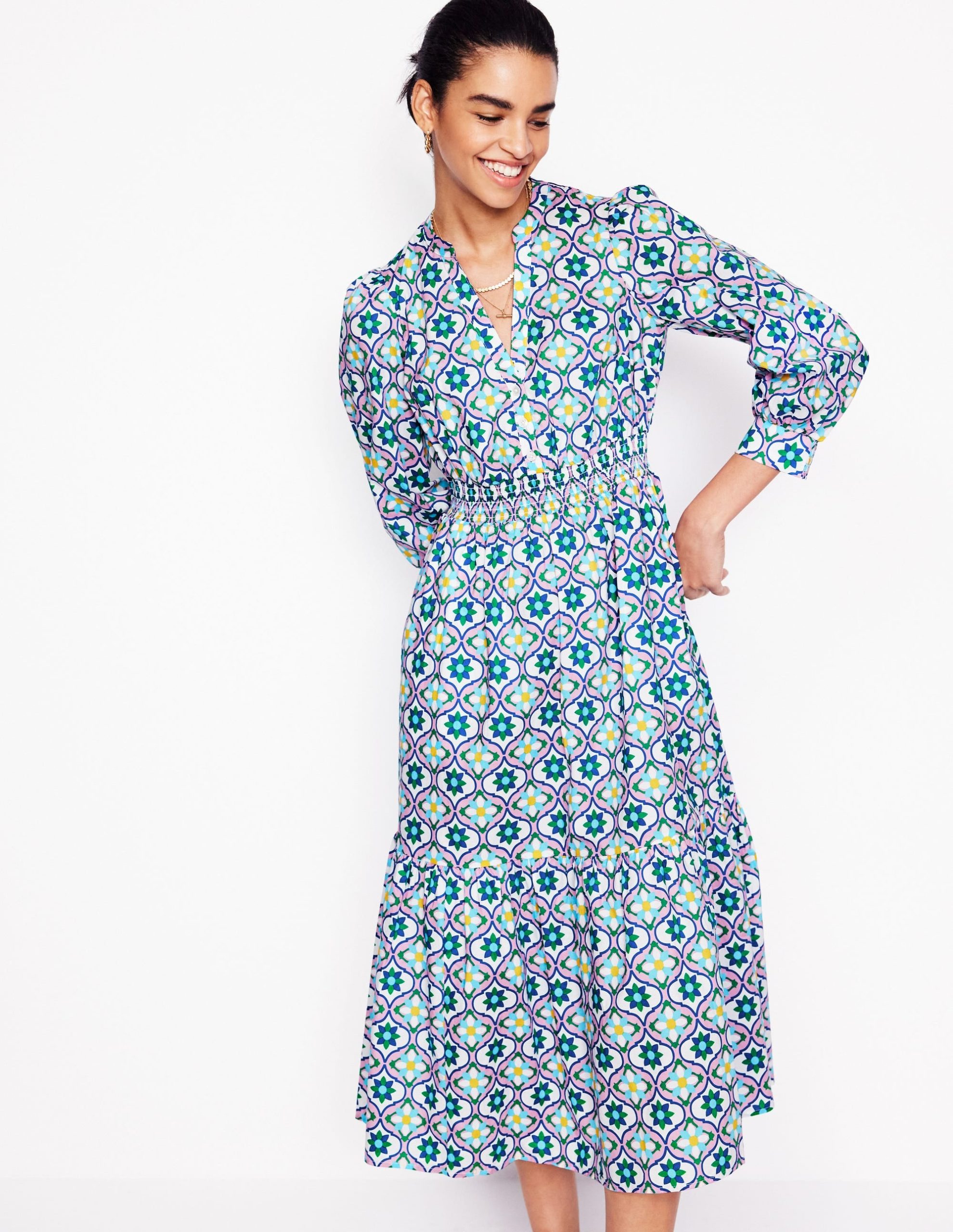 Elena Tiered Cotton Midi Dress-Multi. Floweret Tile - Image 4