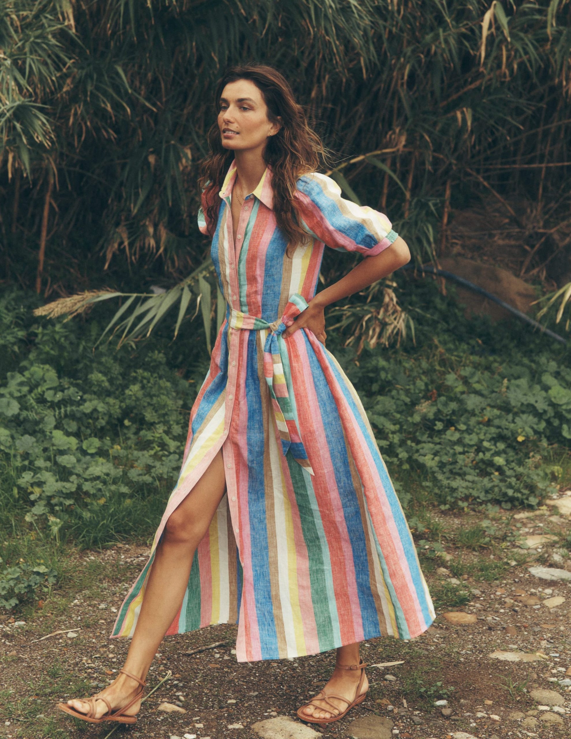 Alexa Linen Maxi Shirt Dress-Bright Rainbow Stripe - Image 7