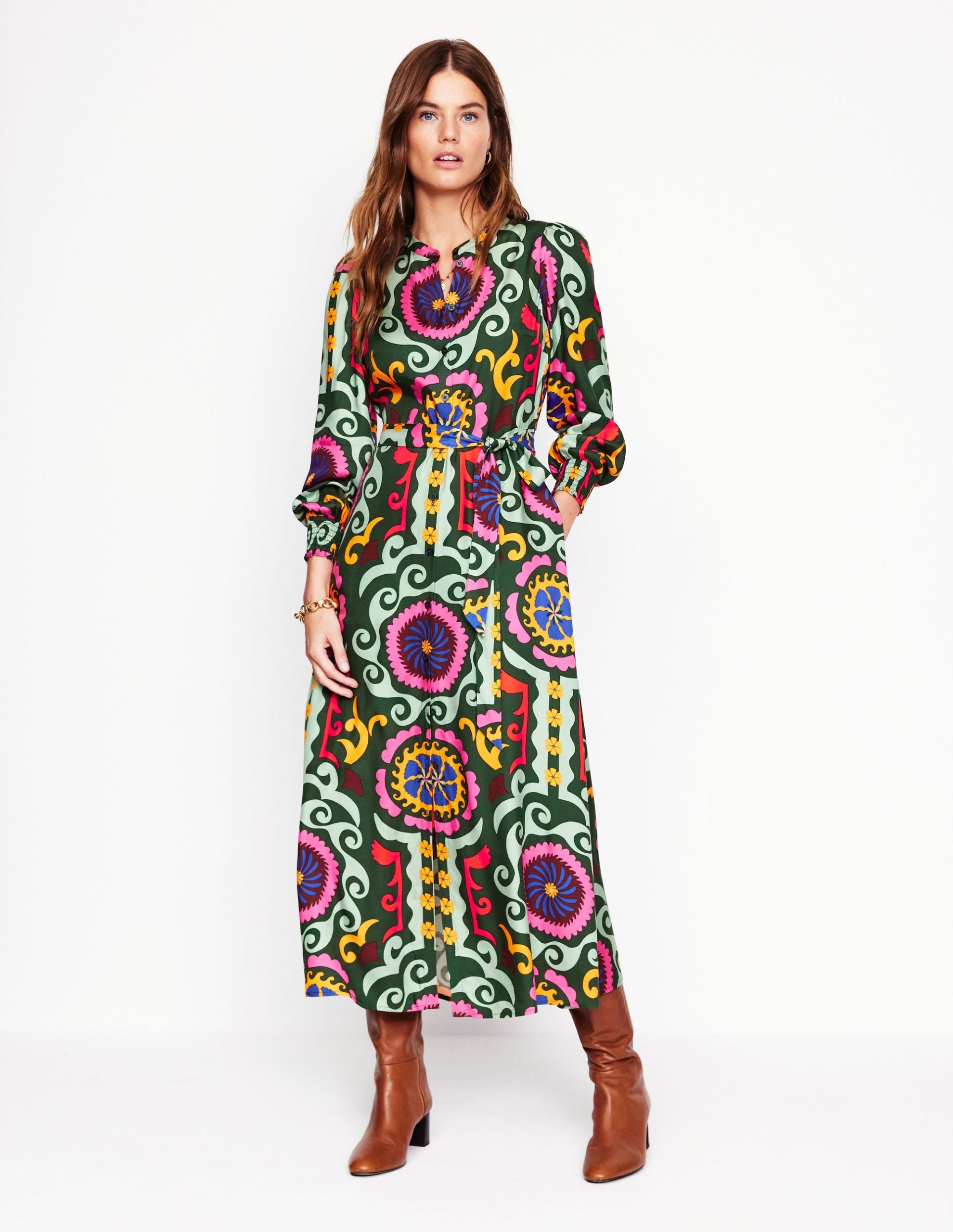 Ruby Collarless Shirt Dress-Green. Ornamental Wave - Image 5