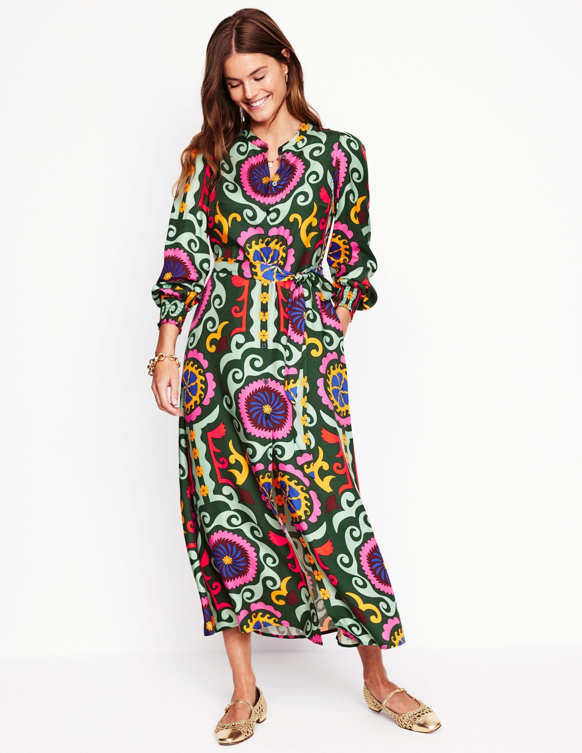 Ruby Collarless Shirt Dress-Green. Ornamental Wave - Image 6