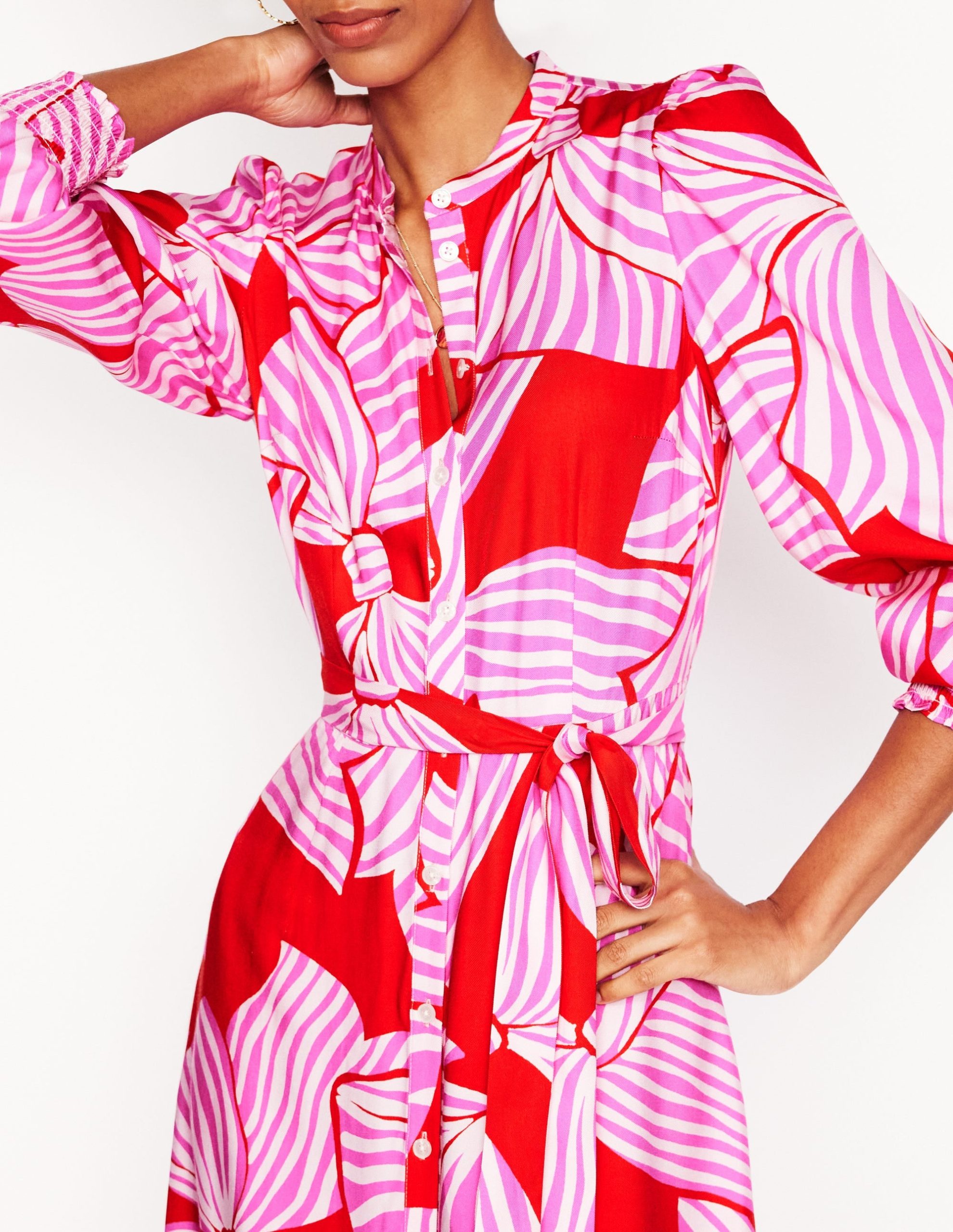 Ruby Collarless Shirt Dress-Rouge. Bow Scatter - Image 4