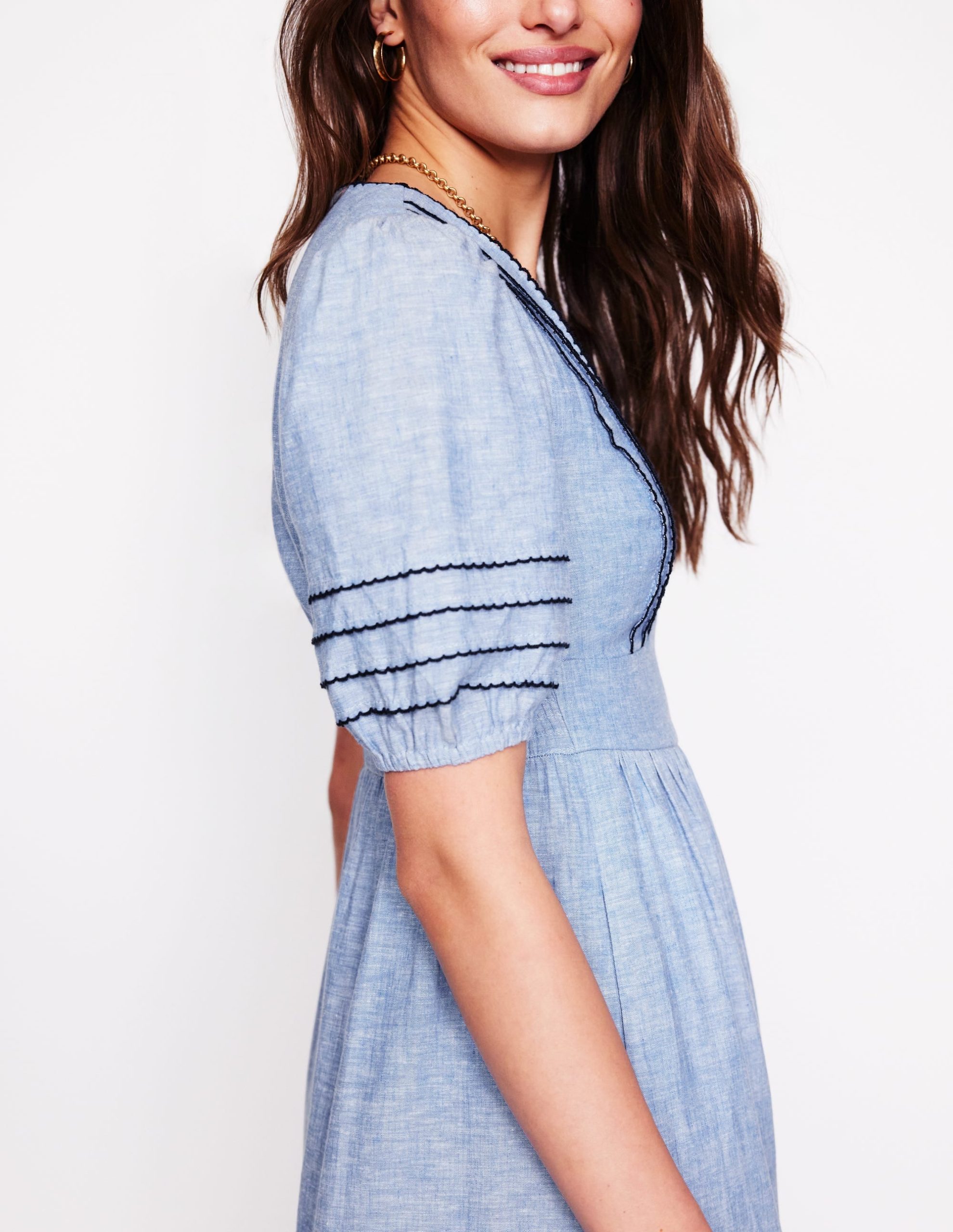 Smocked Waist Linen Dress-Grey Blue Chambray - Image 2