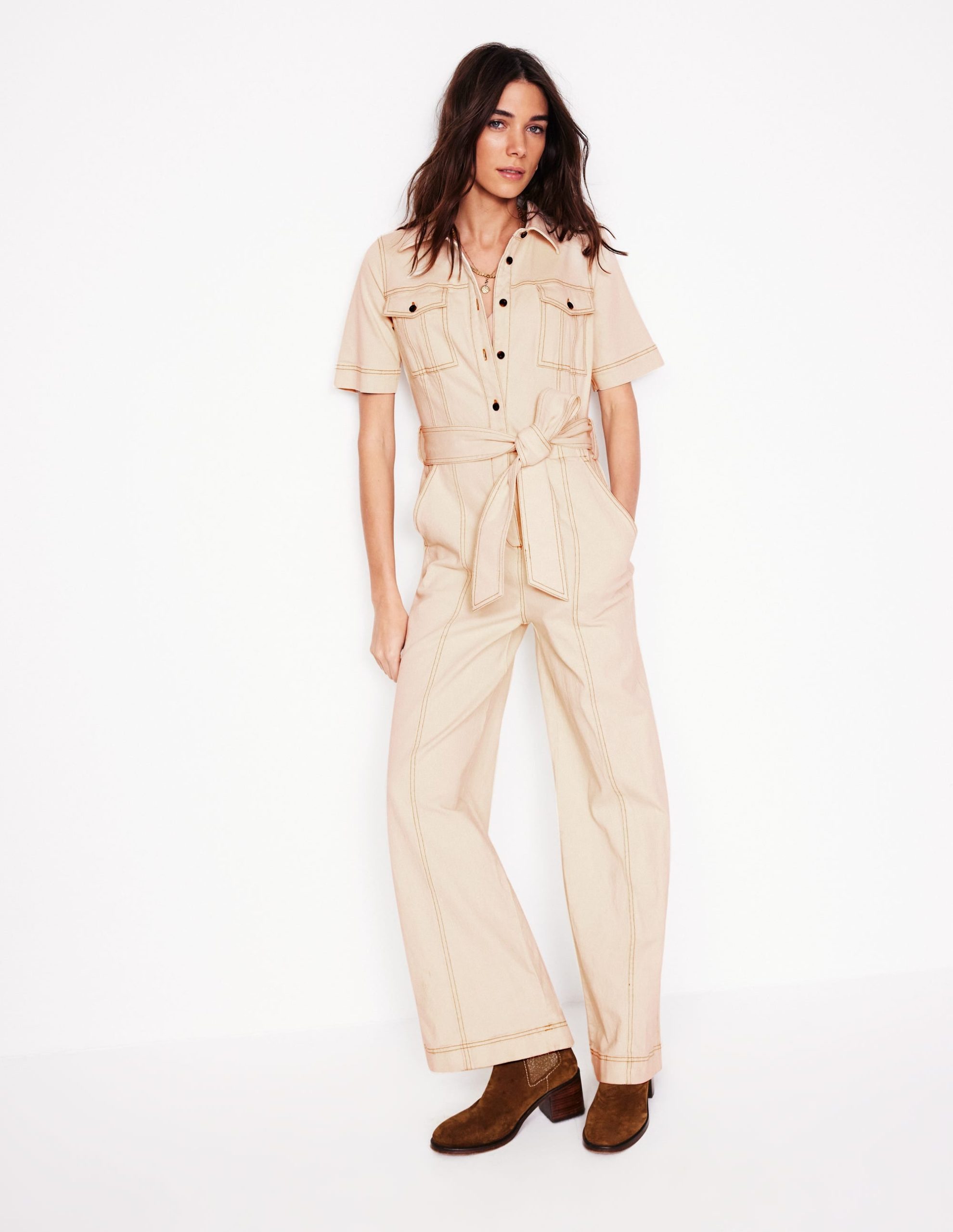 Short Sleeve Denim Jumpsuit-Ecru - Image 2