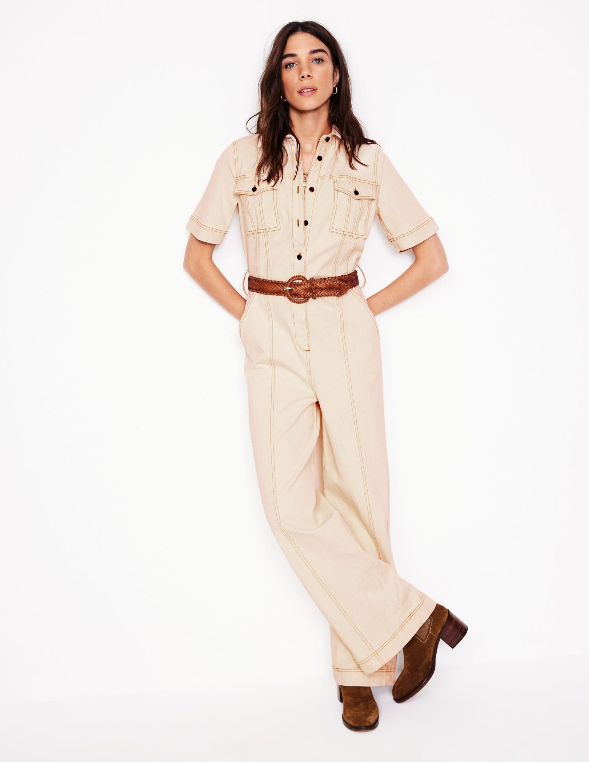 Short Sleeve Denim Jumpsuit-Ecru - Image 5