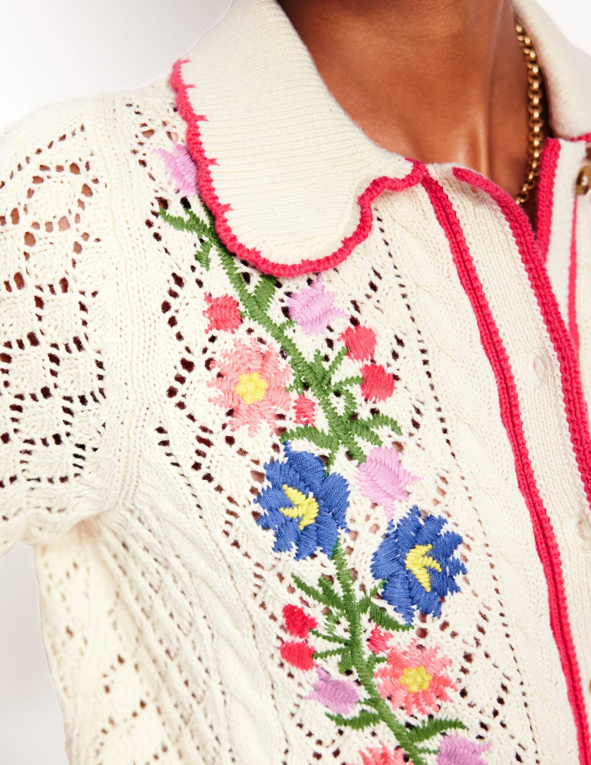 Embroidered Cotton Cardigan-Warm Ivory - Image 3