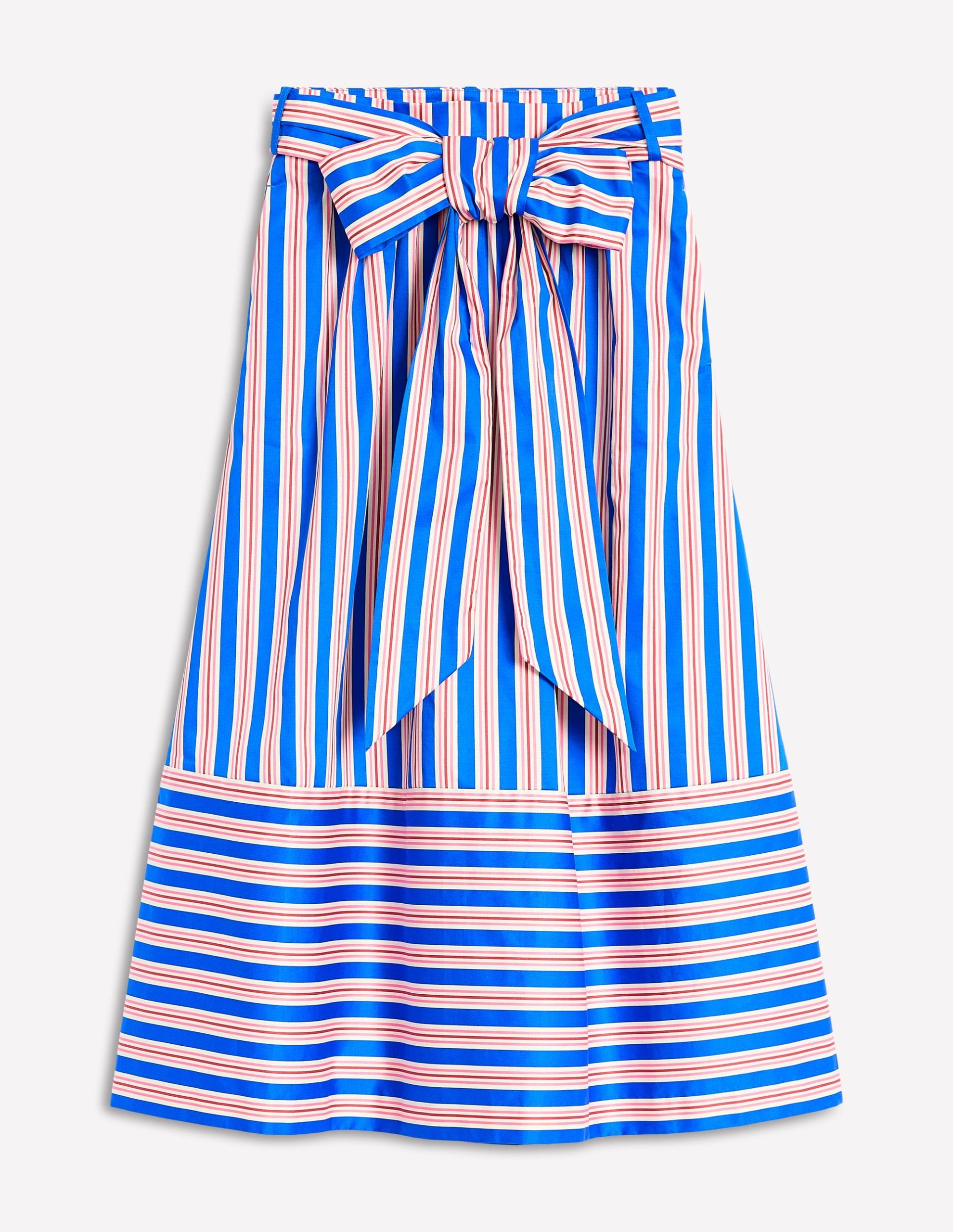 Tie Belt Sateen Midi Skirt-Blue and Terracotta Stripe - Image 6