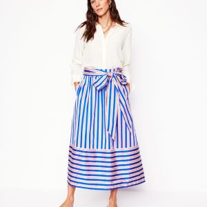 Tie Belt Sateen Midi Skirt-Blue and Terracotta Stripe