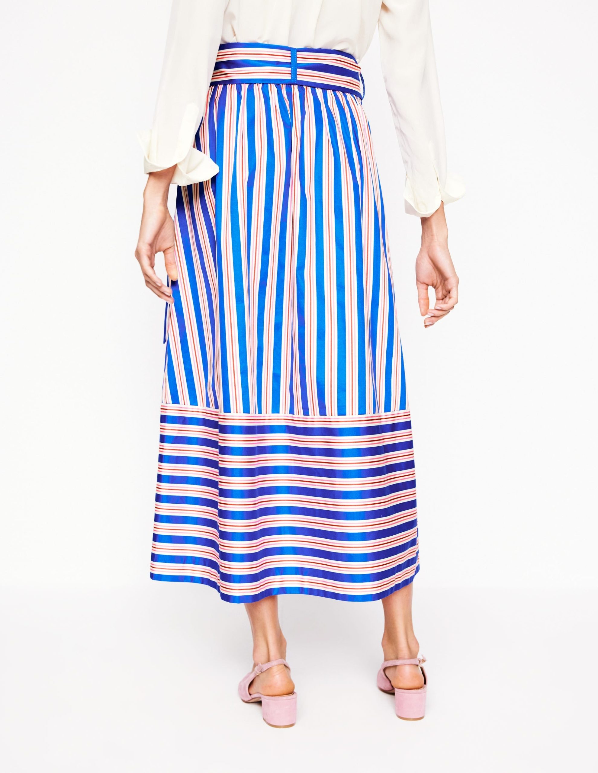 Tie Belt Sateen Midi Skirt-Blue and Terracotta Stripe - Image 3