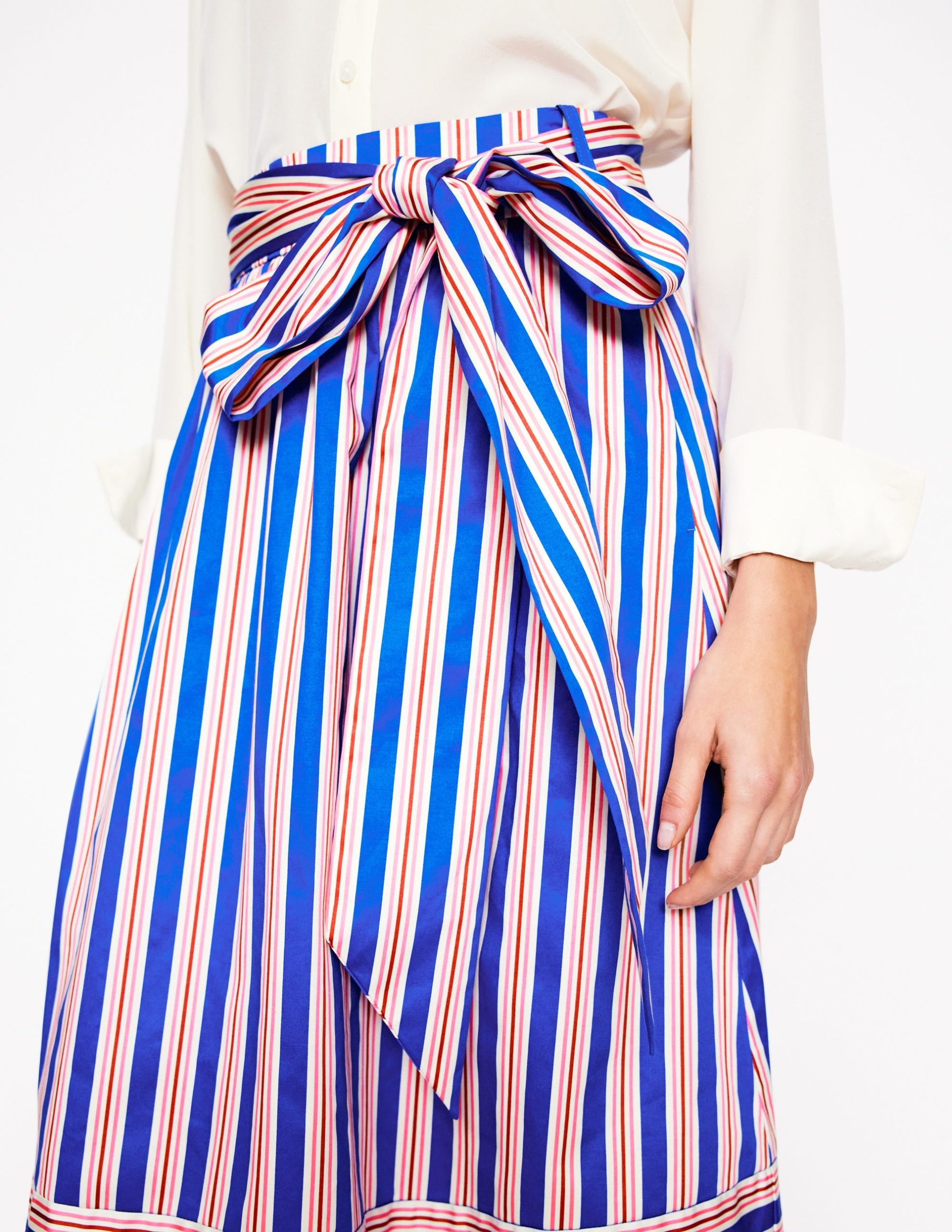 Tie Belt Sateen Midi Skirt-Blue and Terracotta Stripe - Image 4